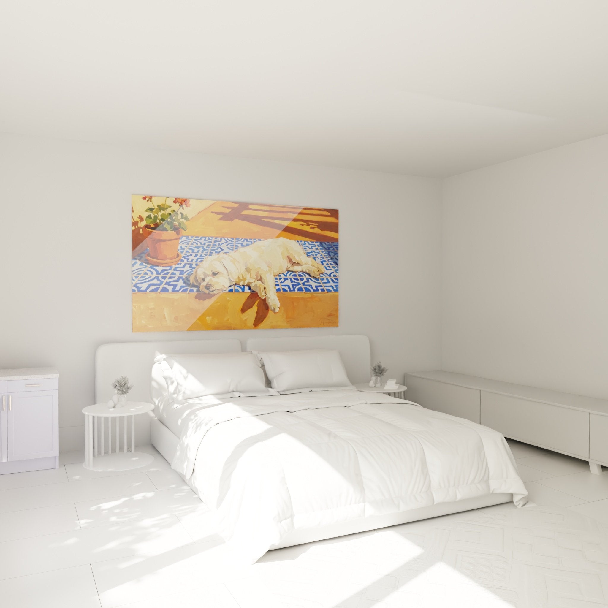 Decoration chambre tableau bichon maltais sieste carrelage bleu ambiance chaleureuse