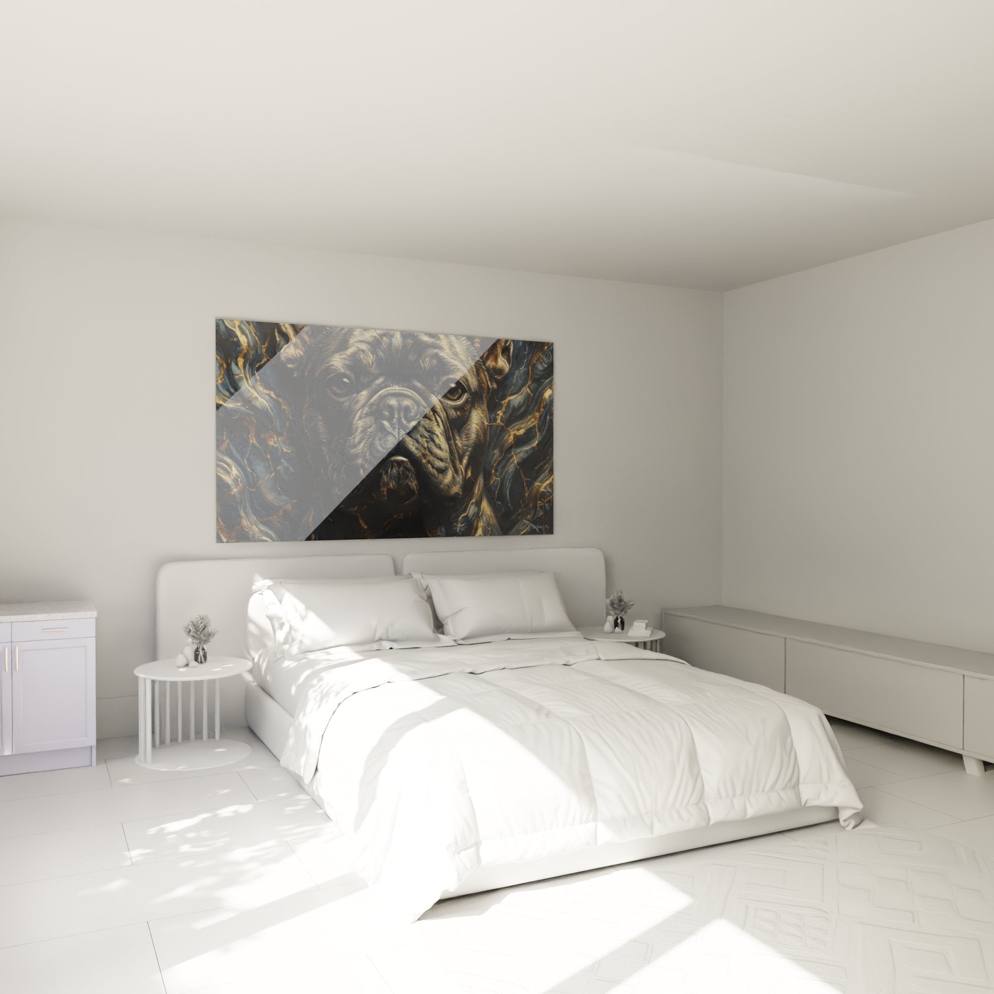 modernes Schlafzimmer mit Französische Bulldogge Bild an weißer Wand künstlerische Wanddekoration