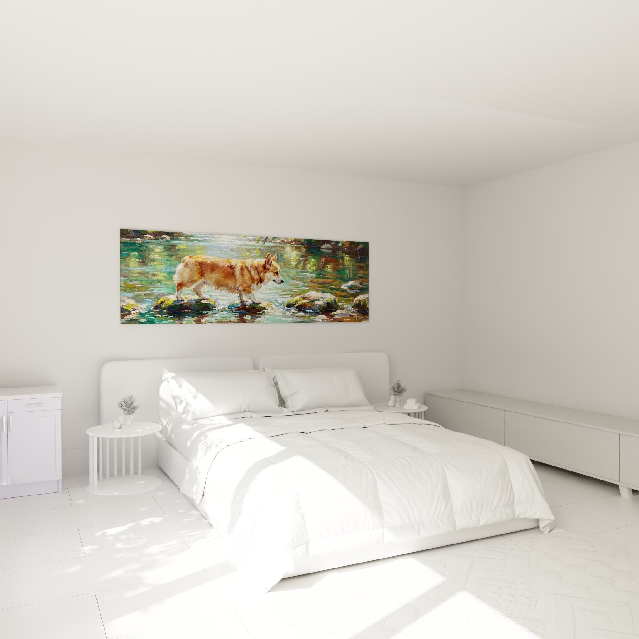 Modernes Schlafzimmer mit Corgi-Gemälde am Bach, Wanddekoration in natürlichen Rot- und Grüntönen
