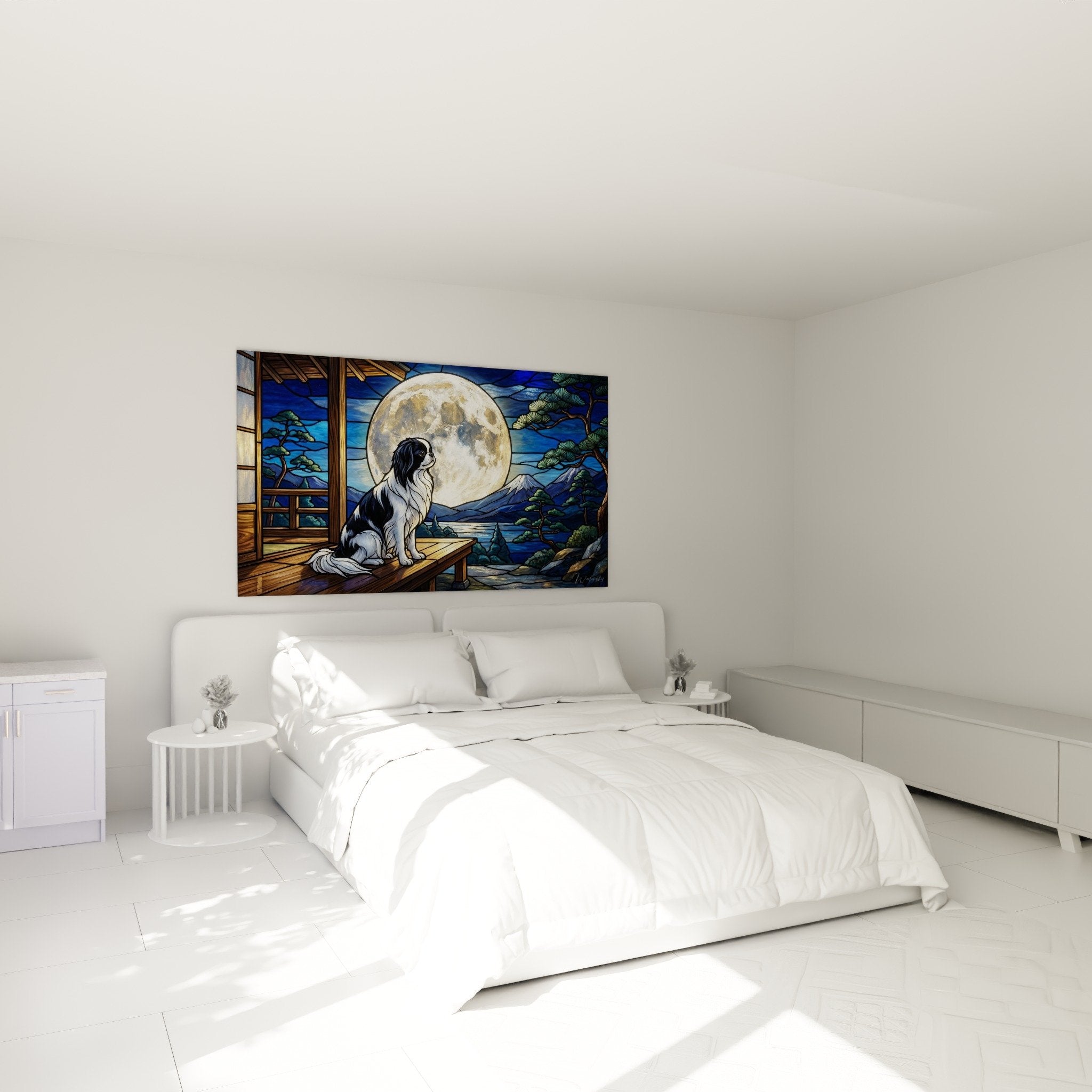Schlafzimmer Deko Gemälde Japanischer Spaniel Mond japanische Terrasse entspannende Zen-Atmosphäre beruhigende Blau- und Goldtöne