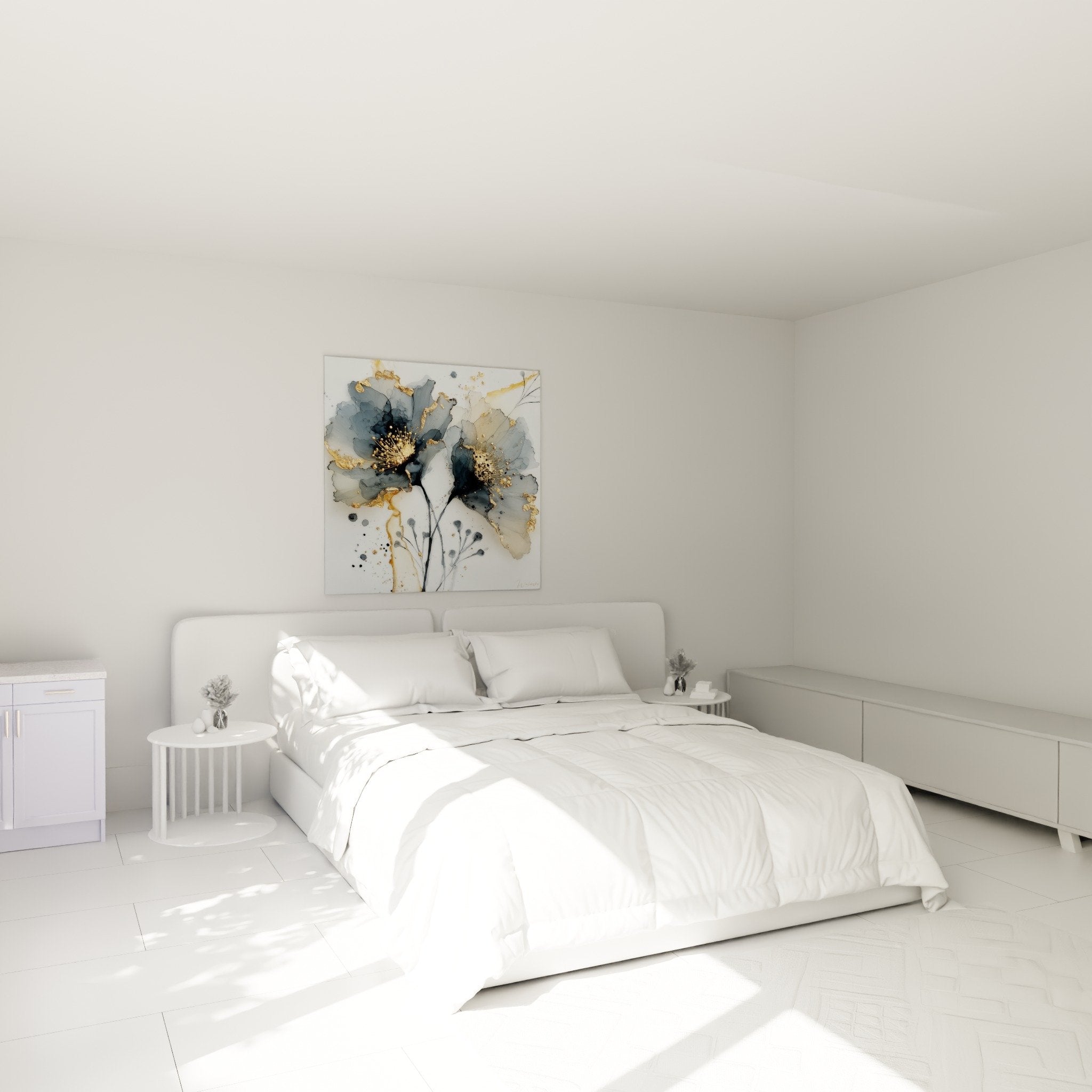 Deco chambre tableau floral abstrait bleu dore au dessus lit ambiance zen contemporaine elegant