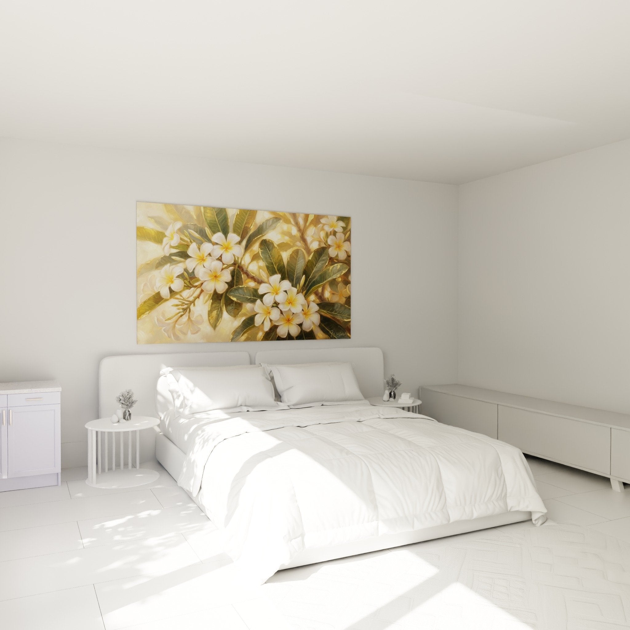 Chambre moderne tableau frangipanier dore mur beige ambiance tropicale zen decoration bali