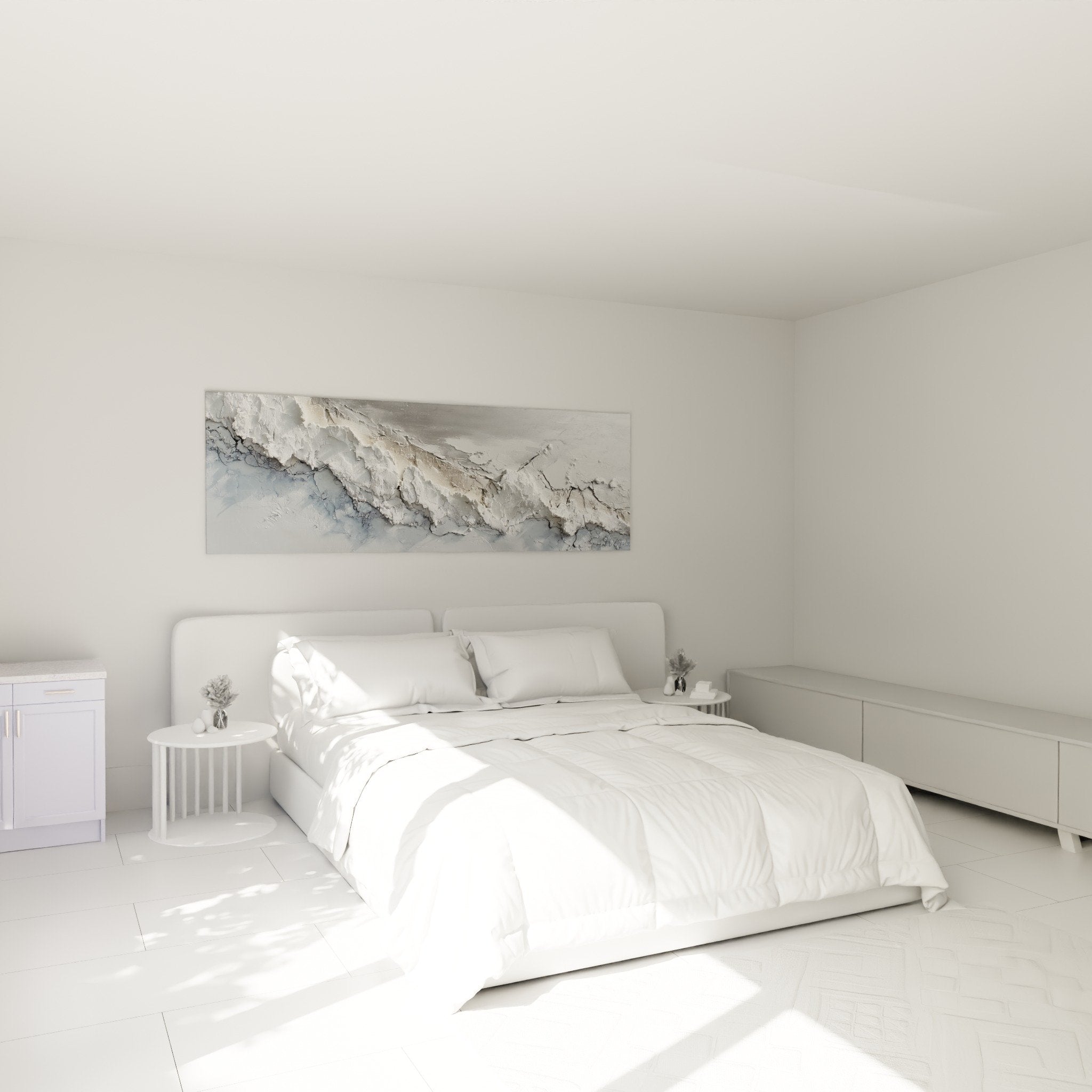 Modern bedroom with glacier mountain wall art blue white textured relief feng shui