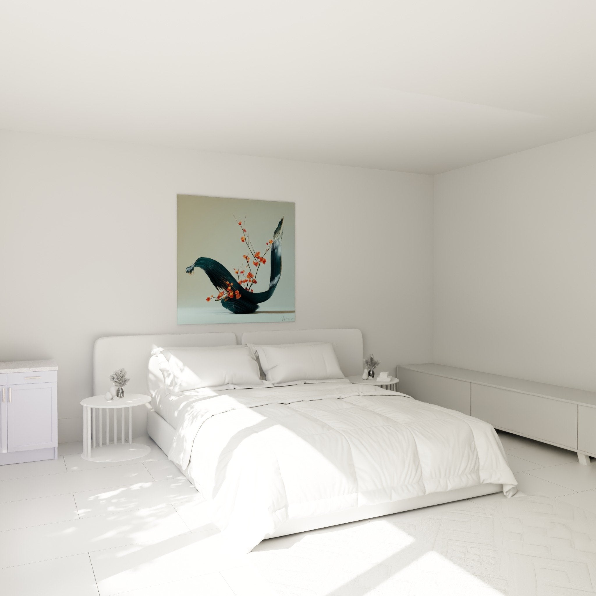 Chambre moderne tableau ikebana vase sculptural bleu fleurs orange decoration murale zen minimaliste