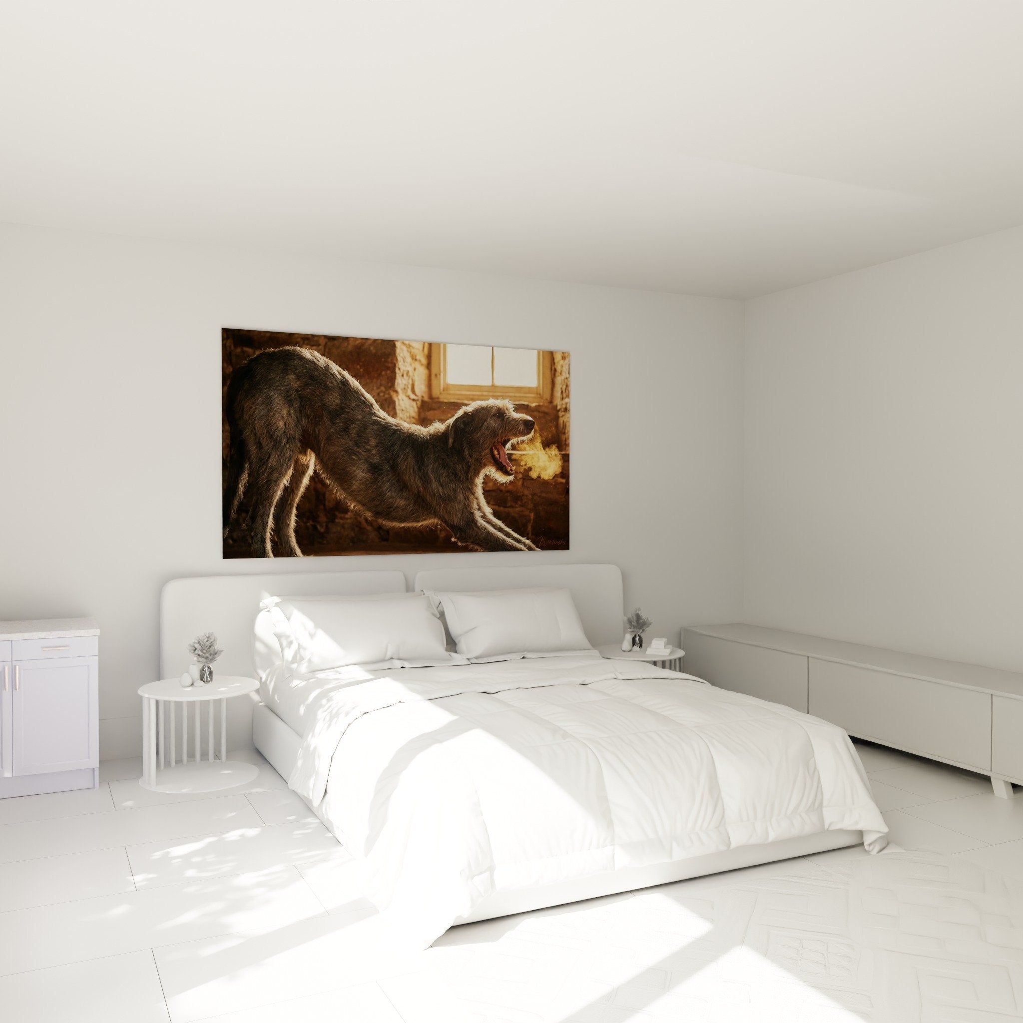 Chambre moderne tableau Irish Wolfhound baillant decoration murale tons chauds