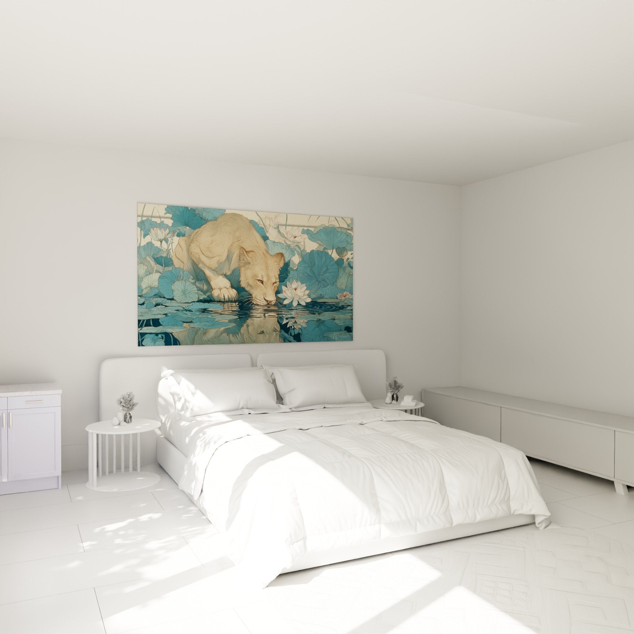 Lion water lilies wall art in bedroom zen wall decoration calming atmosphere blue gold tones
