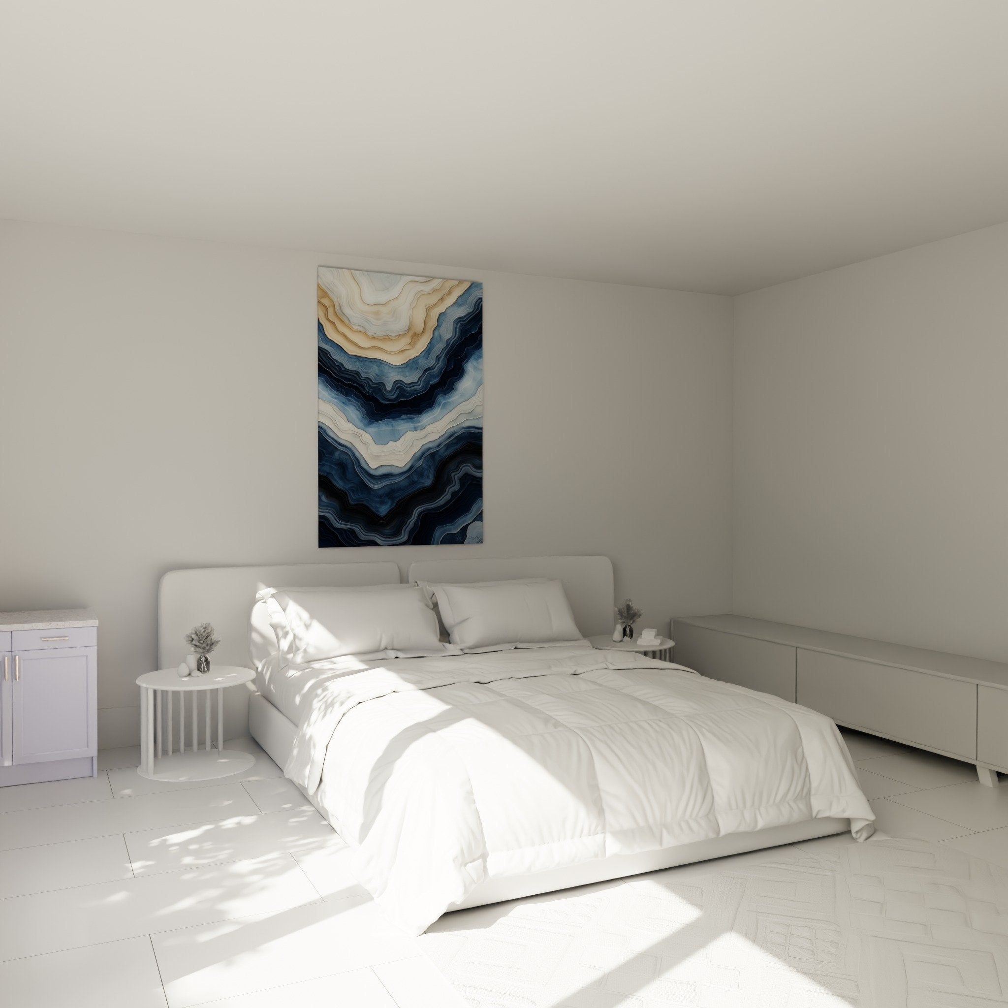 Bedroom decor abstract marble artwork blue beige fluid waves calming zen atmosphere