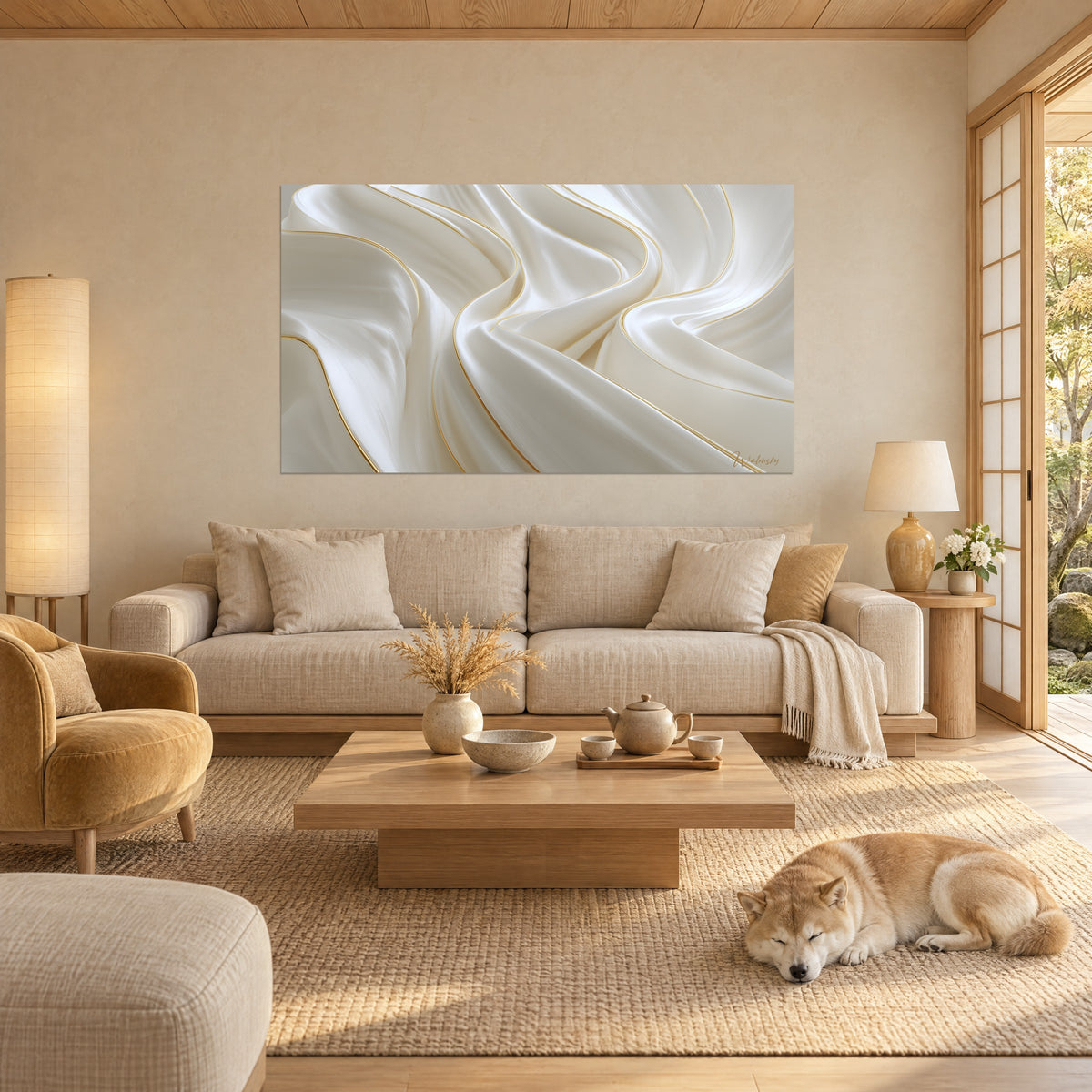 Schilderij ivoren zijde gedrapeerd met gouden draden, parelmoerkleurige golven, slapende shiba op het kleed, boven een bank in een lichte woonkamer