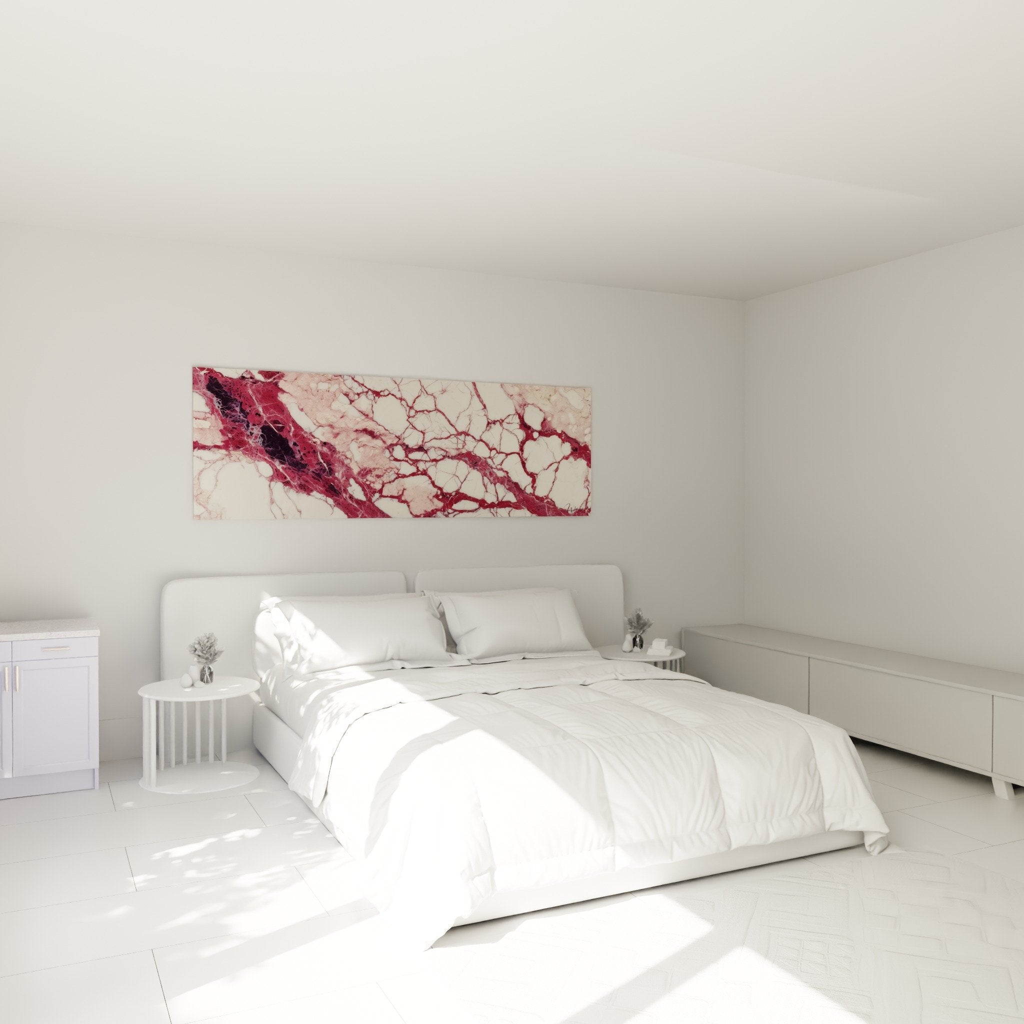 Bedroom decoration with abstract purple and cream marble wall art above the bed, elegant atmosphere