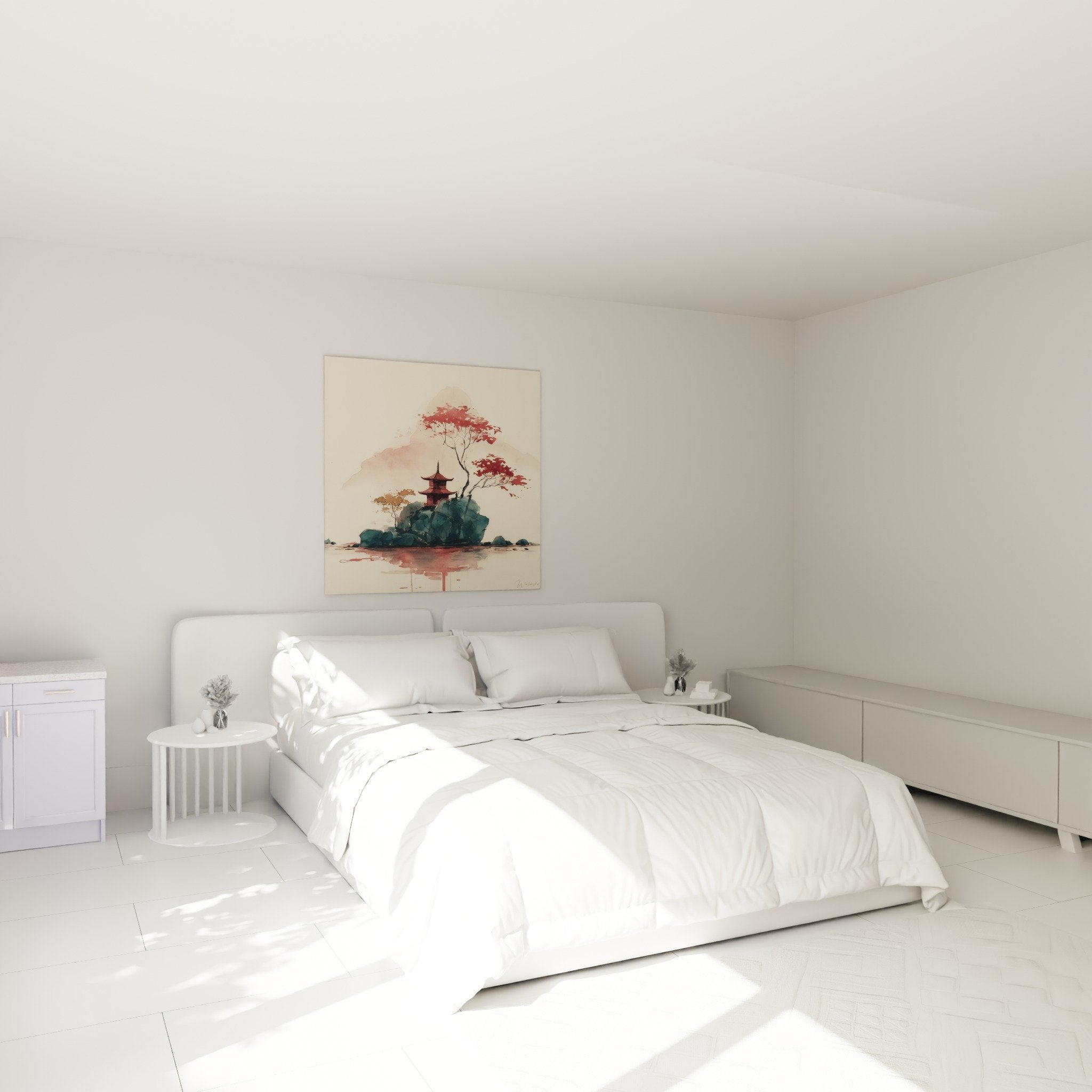 Zen bedroom with red pagoda painting and watercolor cherry blossom above bed - oriental wall decoration