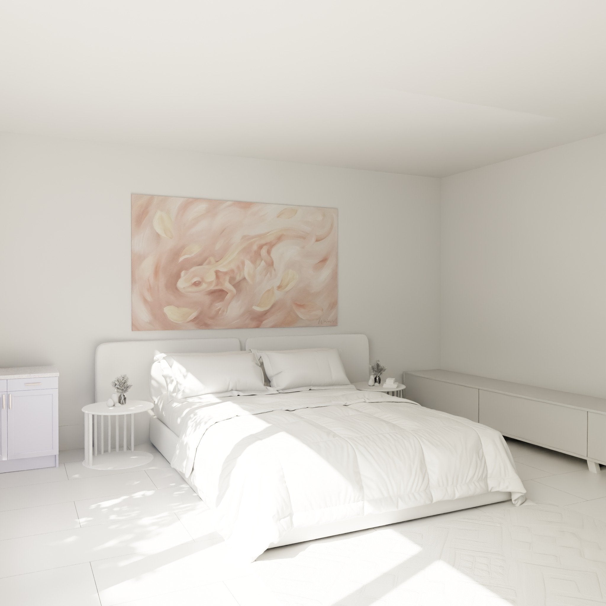 Chambre moderne avec tableau salamandre rose dore au dessus du lit ambiance apaisante decoration