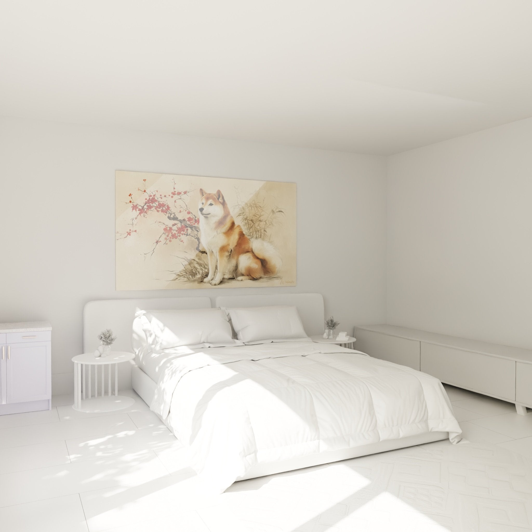 Modern bedroom with Japanese Shiba Inu red branch wall art zen decor