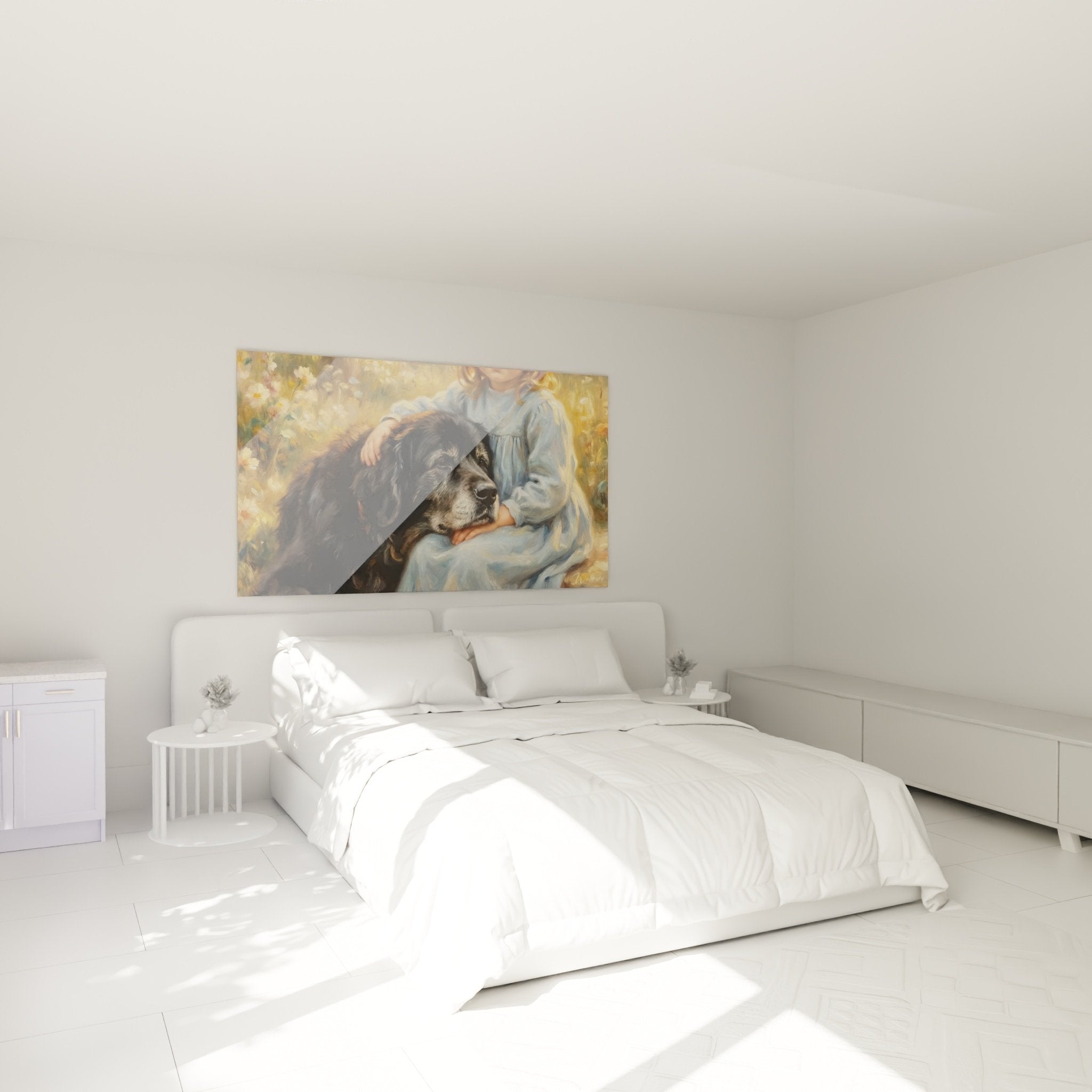Mise en scène chambre avec tableau enfant et chien Terre Neuve aux couleurs douces bleu et or sur mur clair