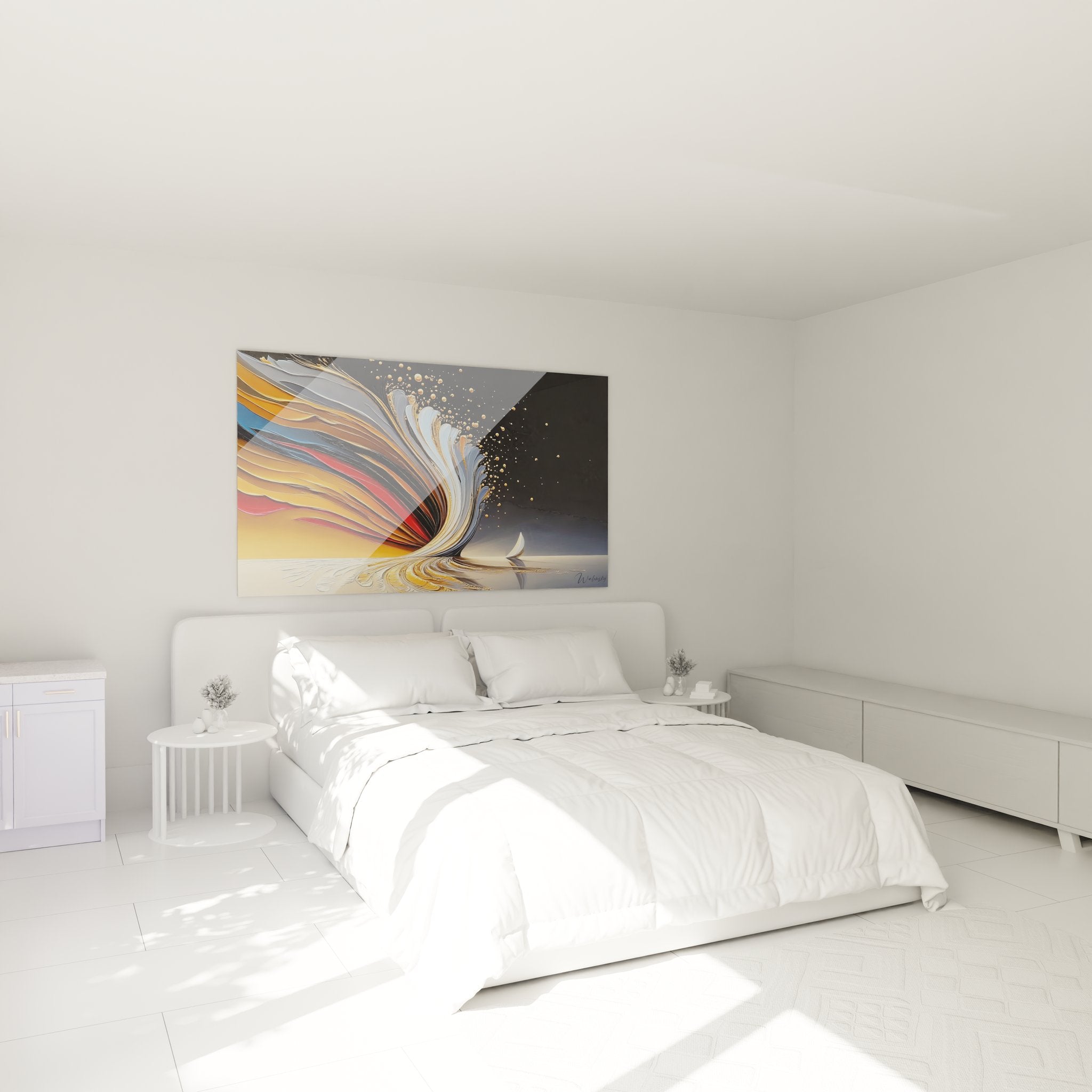 Ambiance chambre avec tableau abstrait tourbillon doré décoration murale moderne