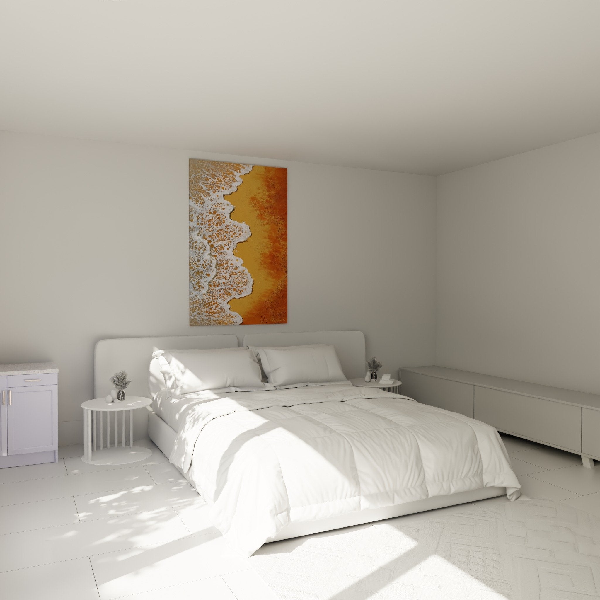 Ambiance chambre tableau vagues dorées écume blanche décoration murale apaisante feng shui