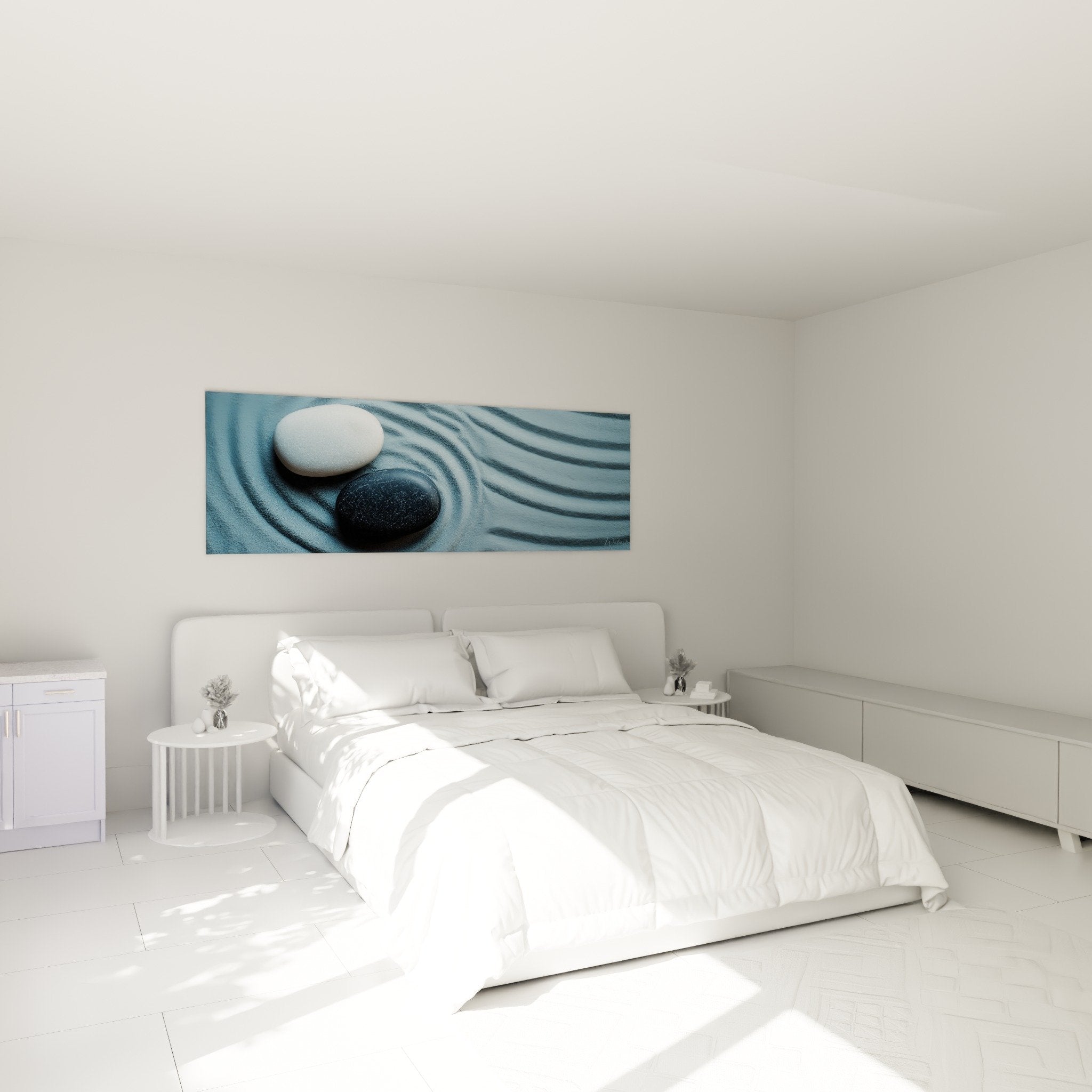 Tableau equilibre zen dans chambre moderne pierres yin yang sur sable ondule ambiance sereine