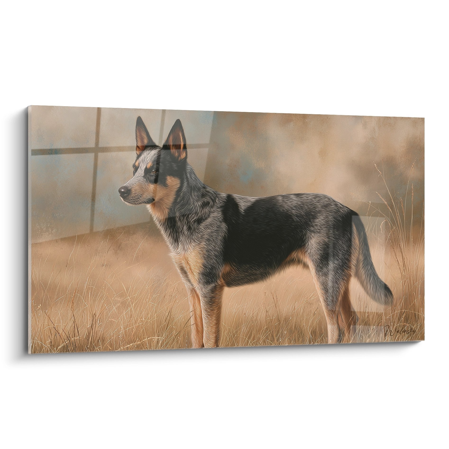 Australian Cattle Dog tricolore de profil dans prairie doree, portrait realiste chien berger vigilant