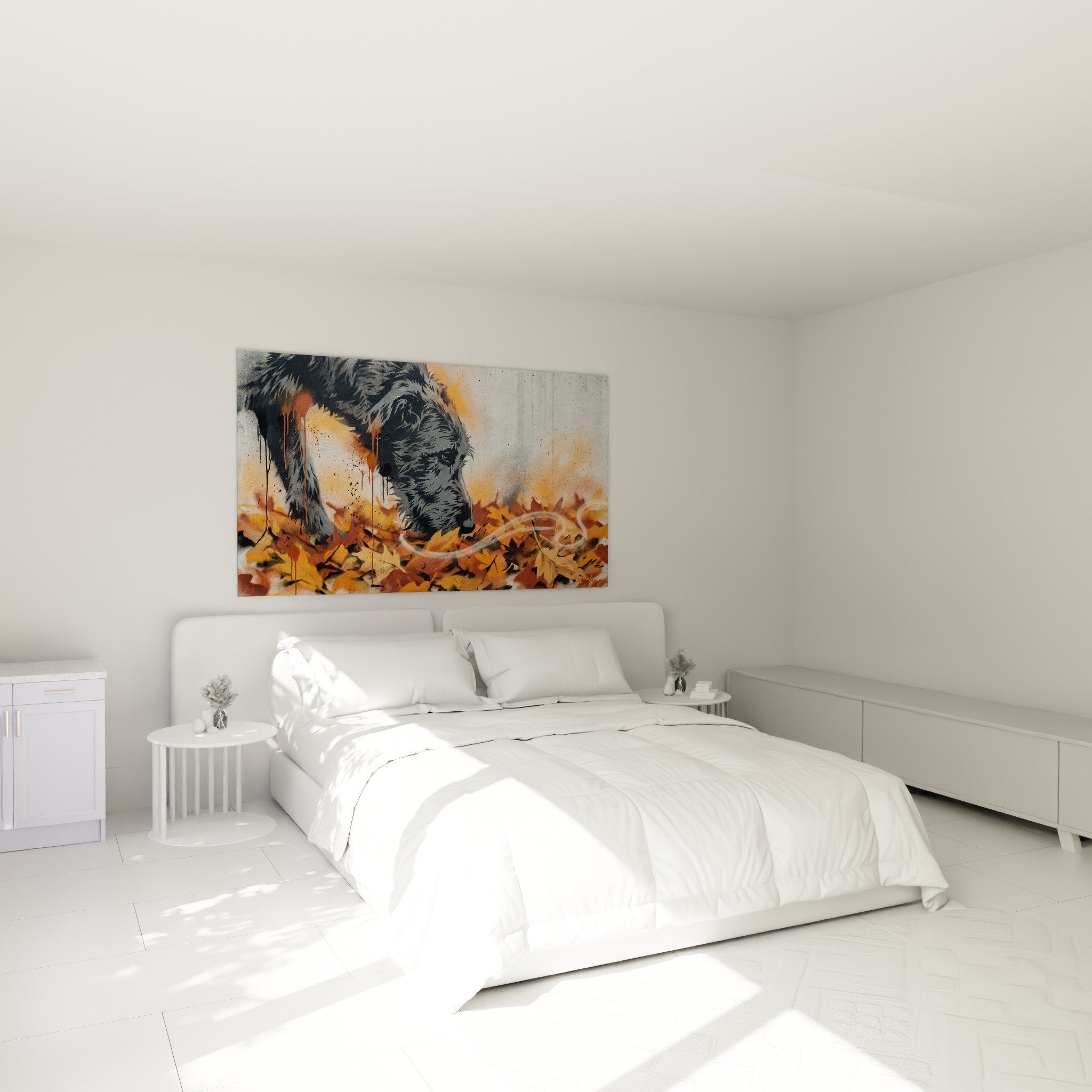tableau chien geant irlandais gris orange decoration chambre moderne urbaine