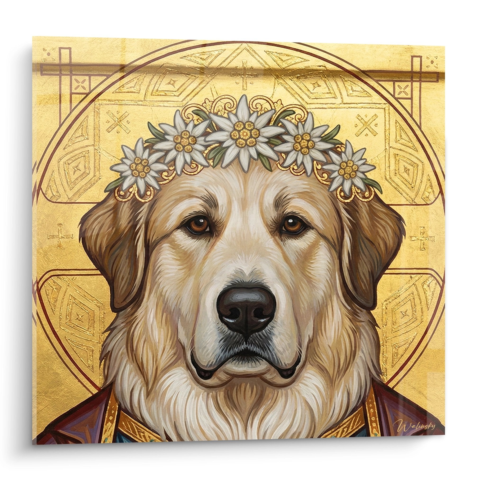 dog portrait painting mountain pyrenees gold crown floral wreath byzantine background sacred canine art