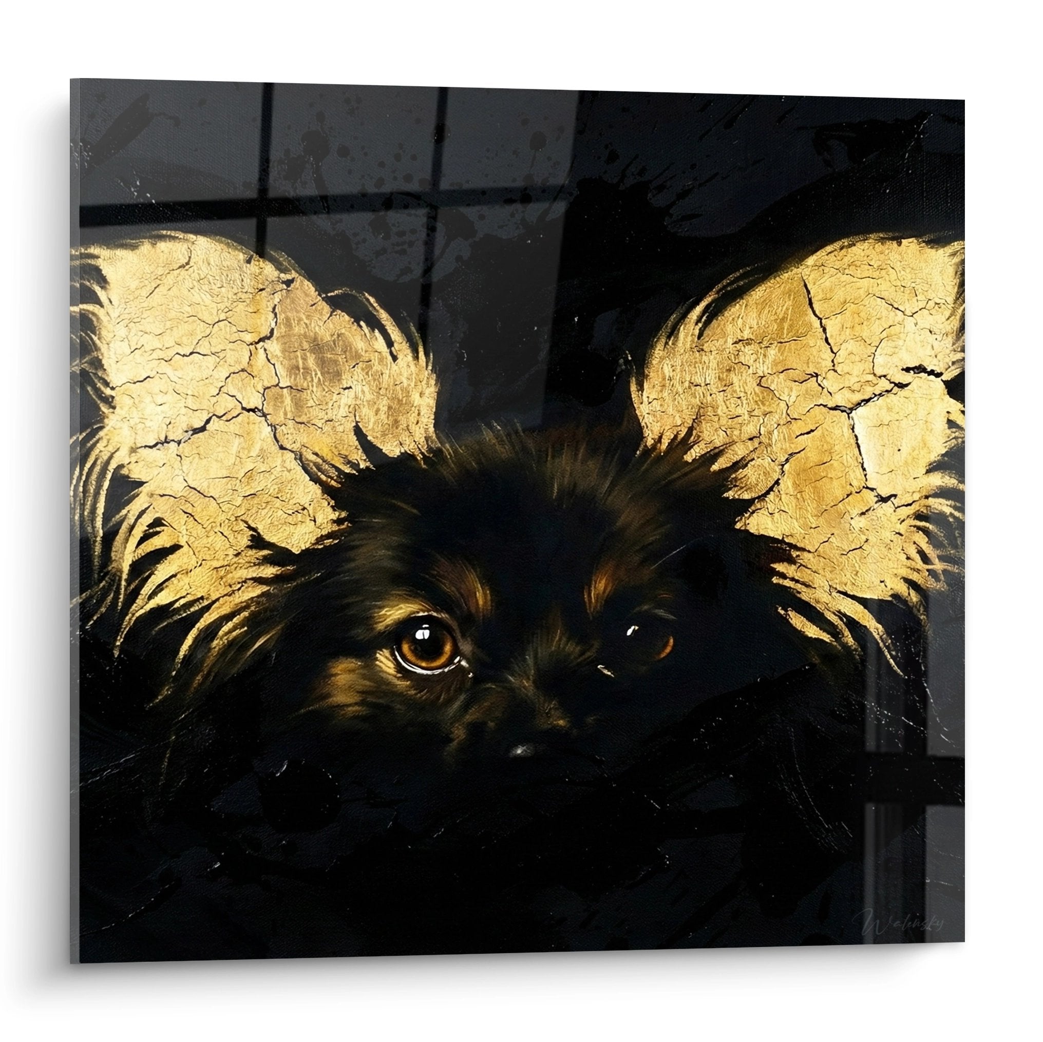 tableau chien papillon aux ailes dorees sur fond noir art mural emouvant