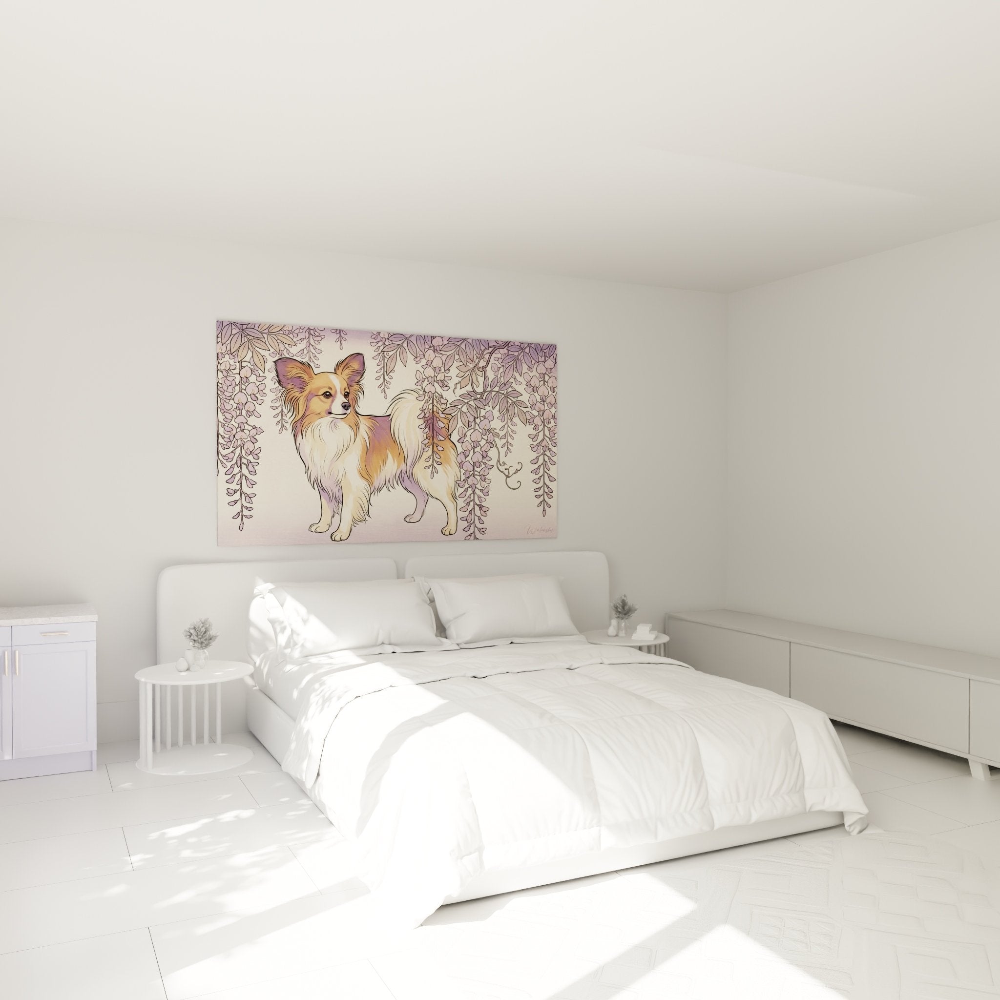 Butterfly dog painting with purple wisteria in modern bedroom with light walls elegant wall art decoration