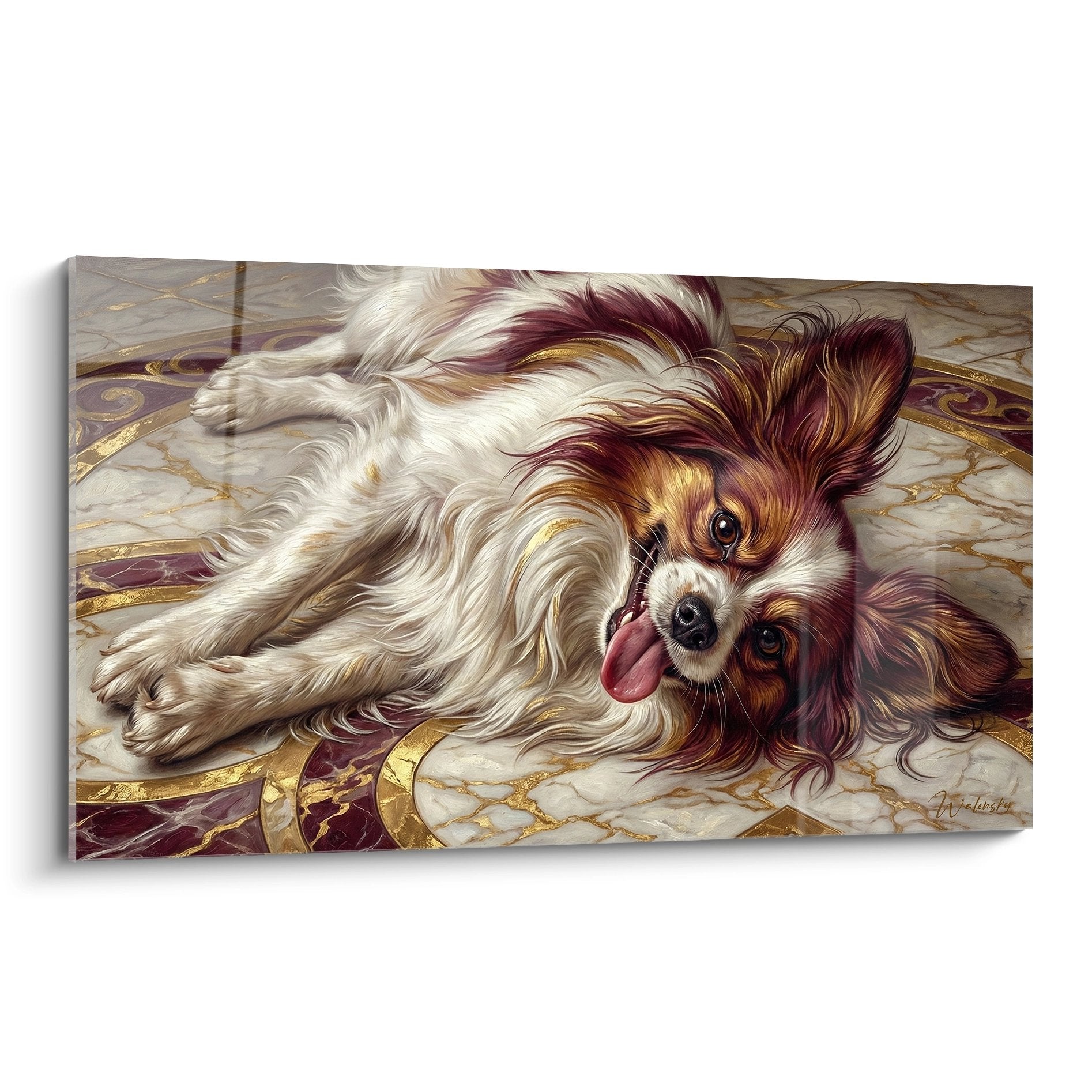 Papillon Dog with burgundy ears lying on golden marble with smiling expression and detailed coat