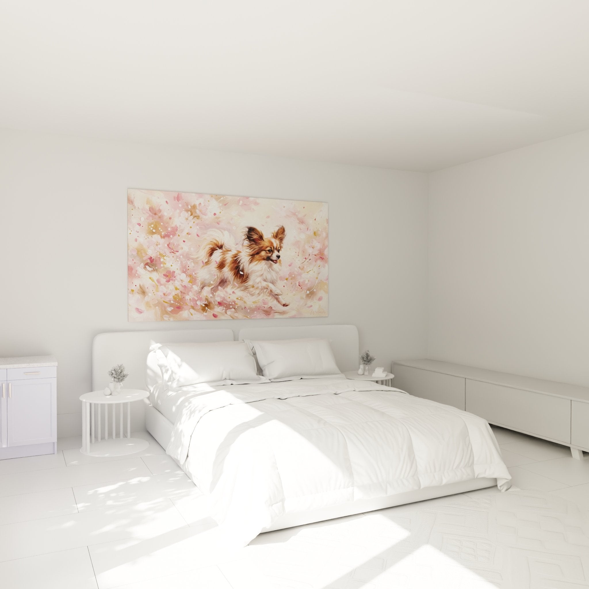 Hundetafel mit rosa Schmetterling im modernen Schlafzimmer mit sanfter Dekoration
