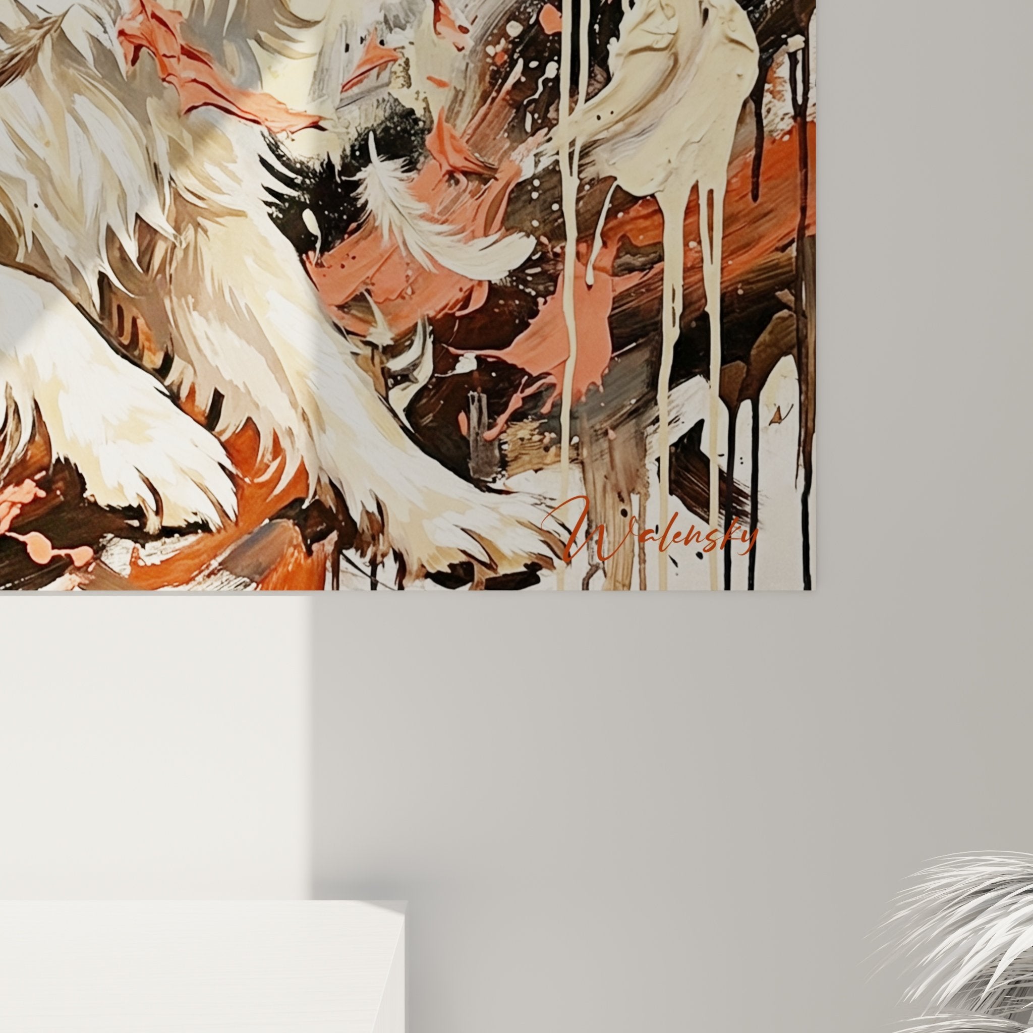 Vue ensemble tableau chien papillon sautant feuilles automnales eclaboussures peinture art contemporain