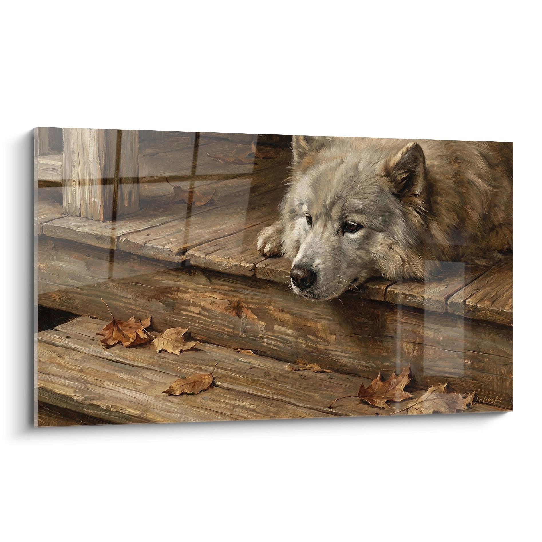 Chien samoyede allonge sur terrasse bois avec feuilles automne reflets tableau