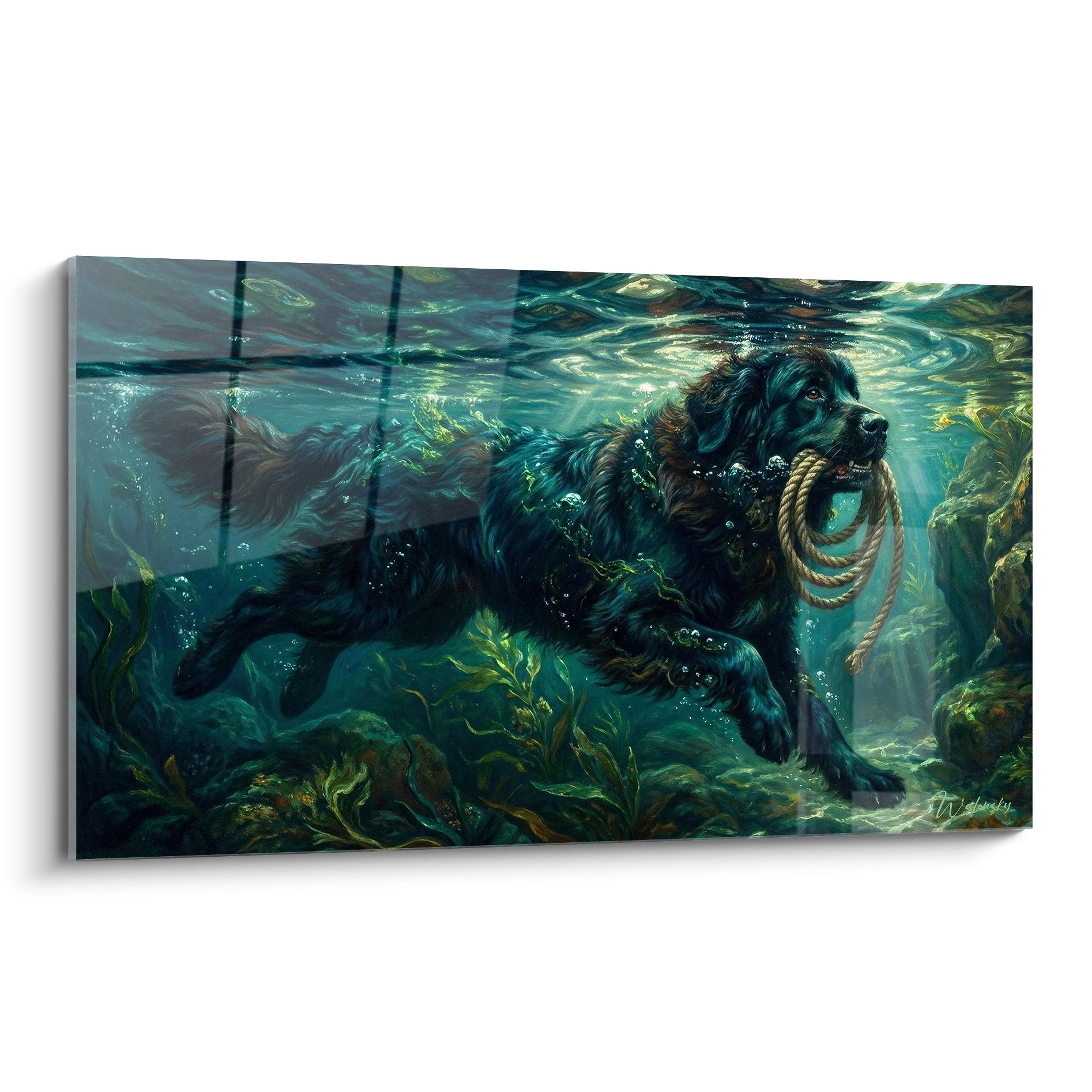 Tableau artistique chien Terre Neuve noir plongeant sous l'eau avec corde de sauvetage tons bleu-vert