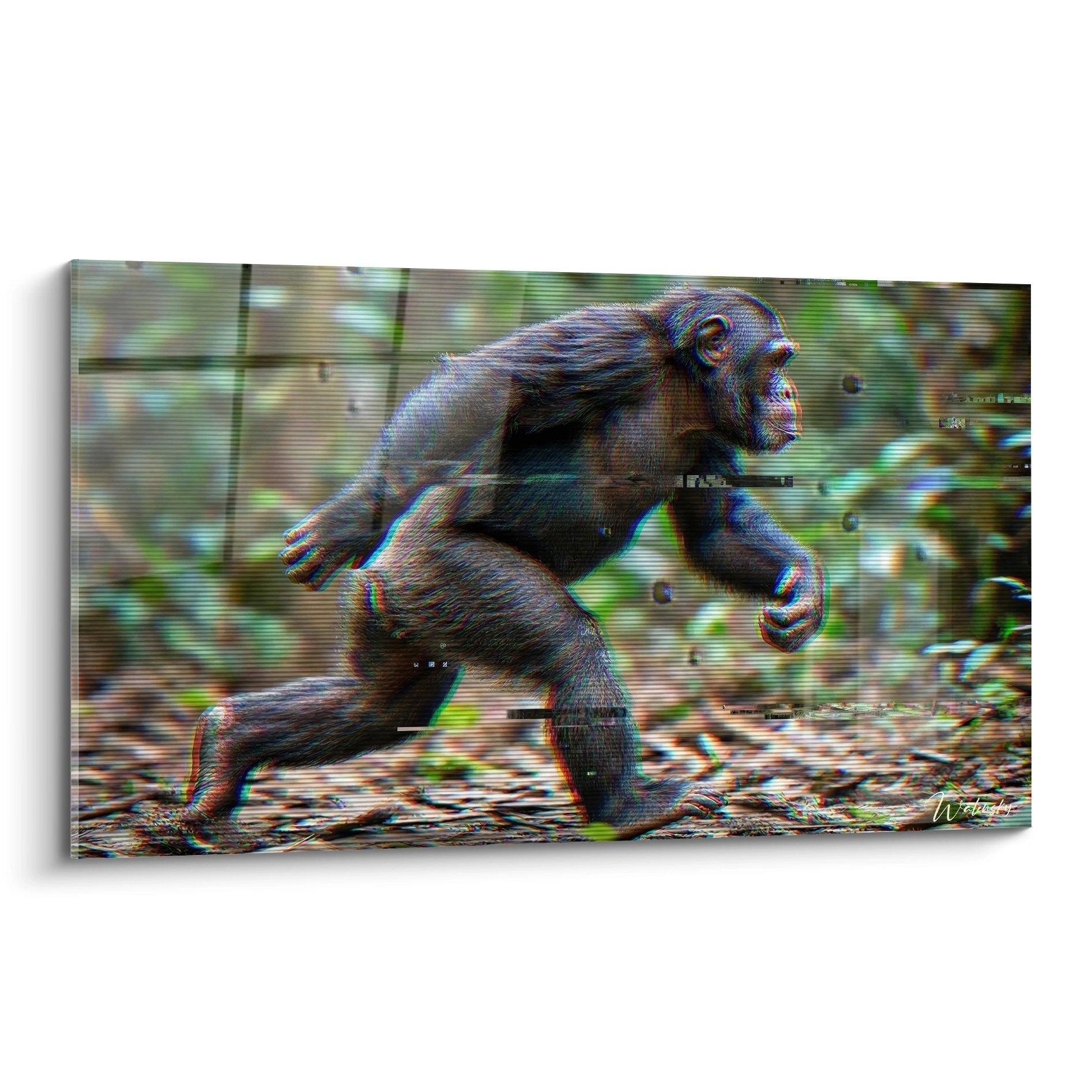 Chimpanzé en course avec effet glitch numérique coloré et lignes de balayage horizontal sur fond forestier