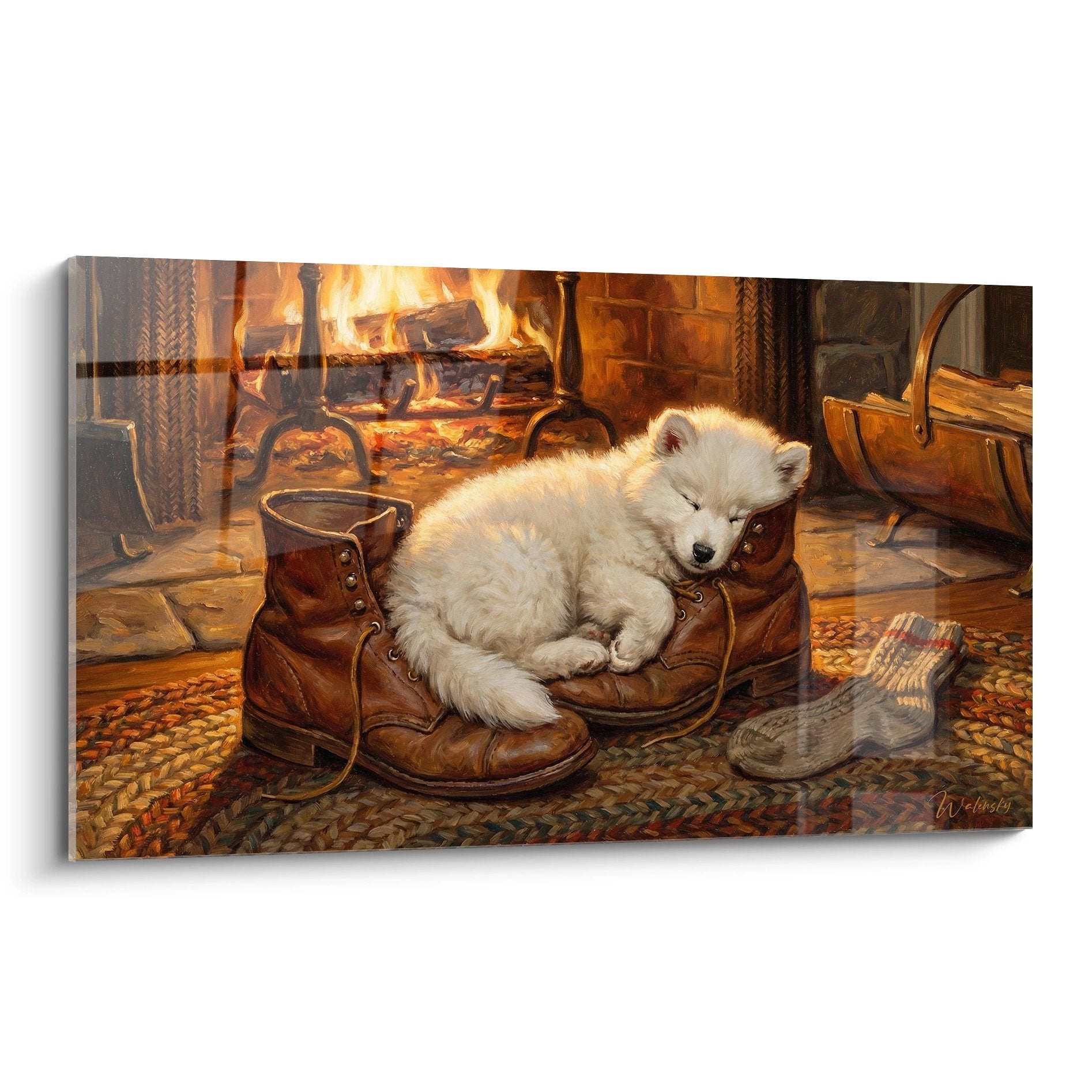 Chiot samoyede blanc endormi dans bottes cuir brun pres cheminee flammes dorees ambiance chaleureuse