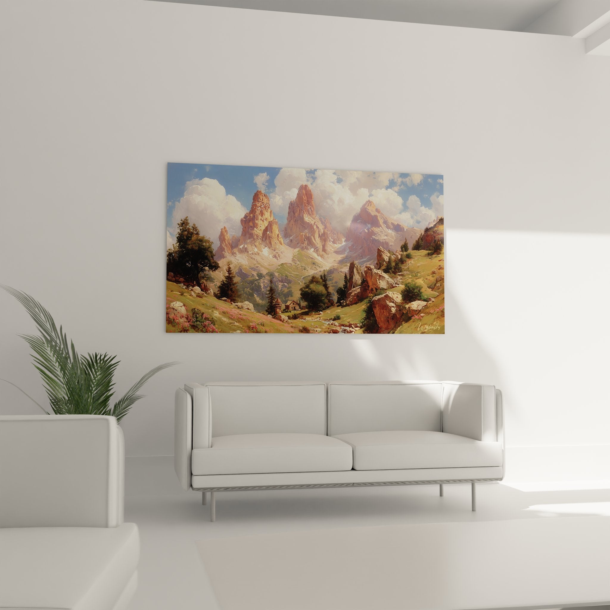 Détail tableau alpin formations rocheuses Dolomites peinture montagne chalets vallée verdoyante closeup