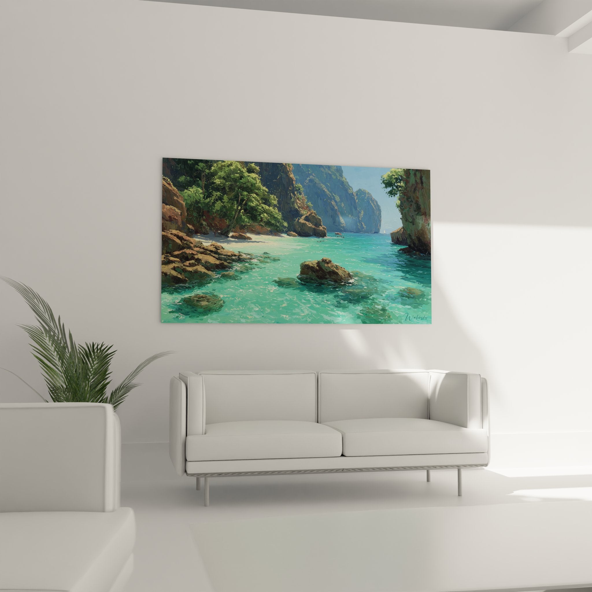 Gros plan tableau eaux turquoise cristallines et rochers, détails peinture crique tropicale art mural plage