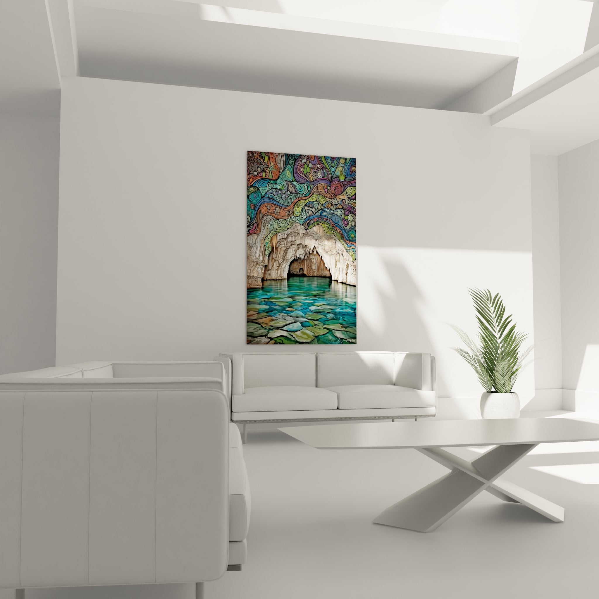 Gros plan tableau grotte naturelle détails stalactites et motifs psychédéliques multicolores artistiques