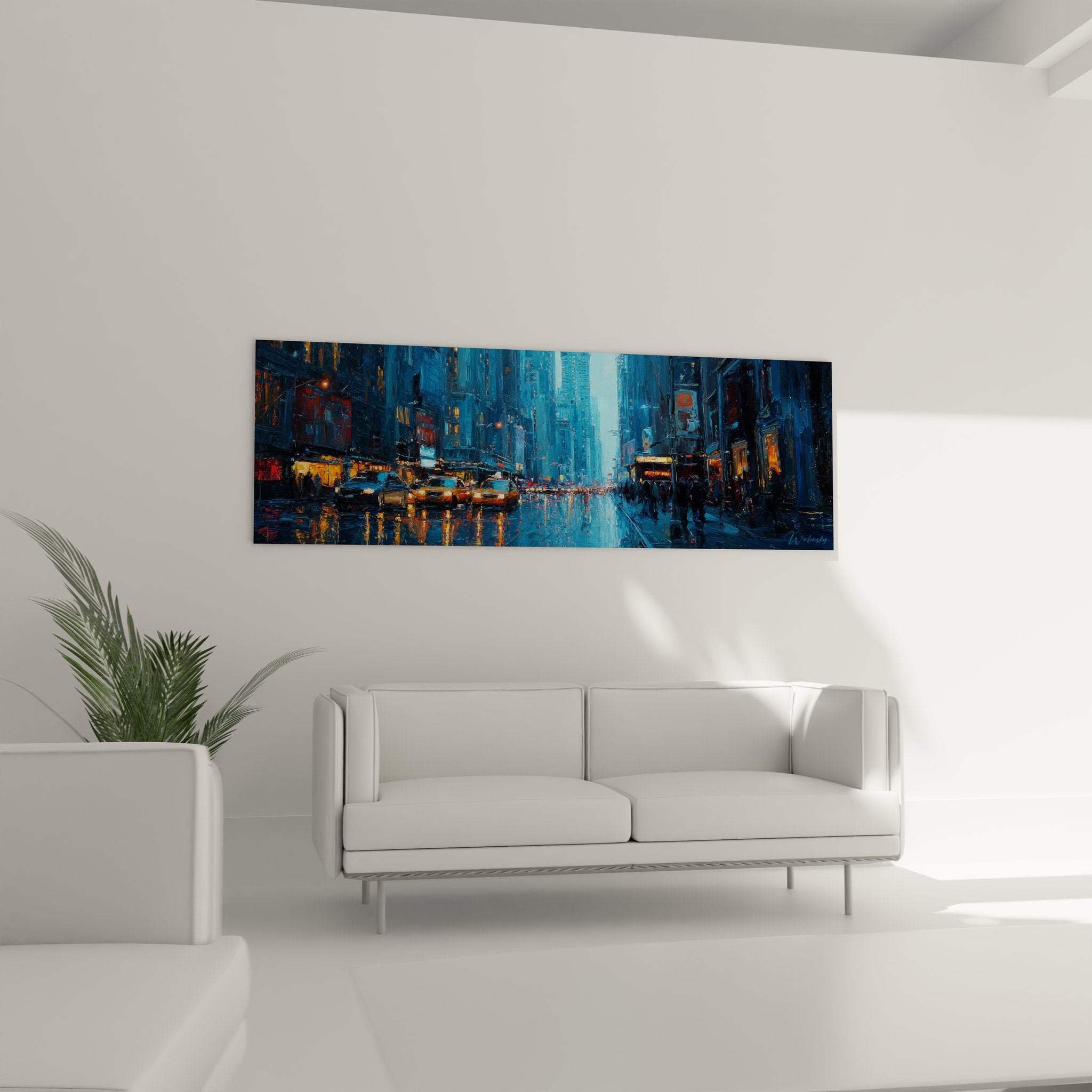 Gros plan tableau New York montrant technique impressionniste reflets pluie et lumières urbaines