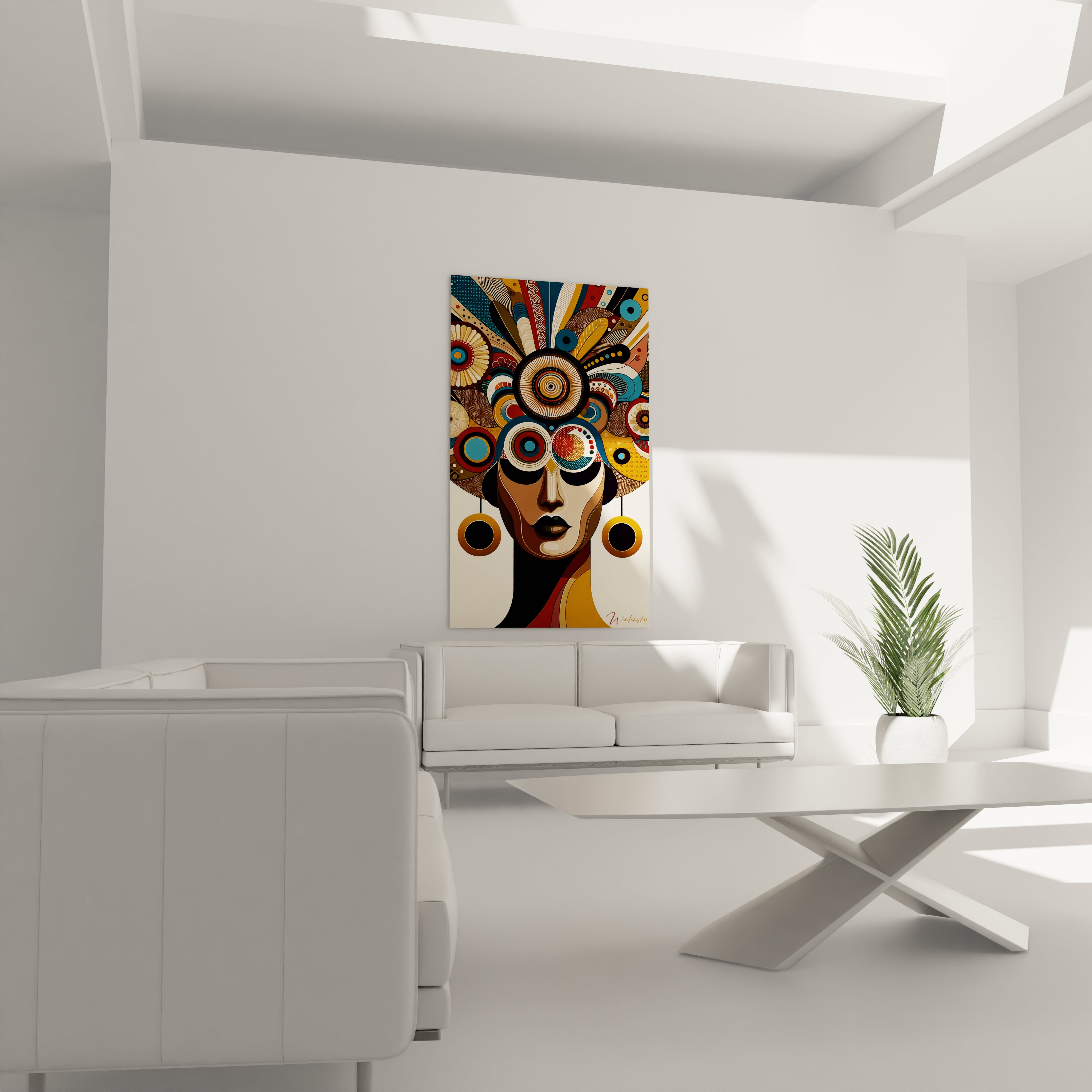 Tableau africain accroché au mur d'un salon, au-dessus du canapé. Les motifs tribaux en bronze et marine attirent l’œil, rendant hommage à l'art africain tout en ajoutant une note contemporaine.