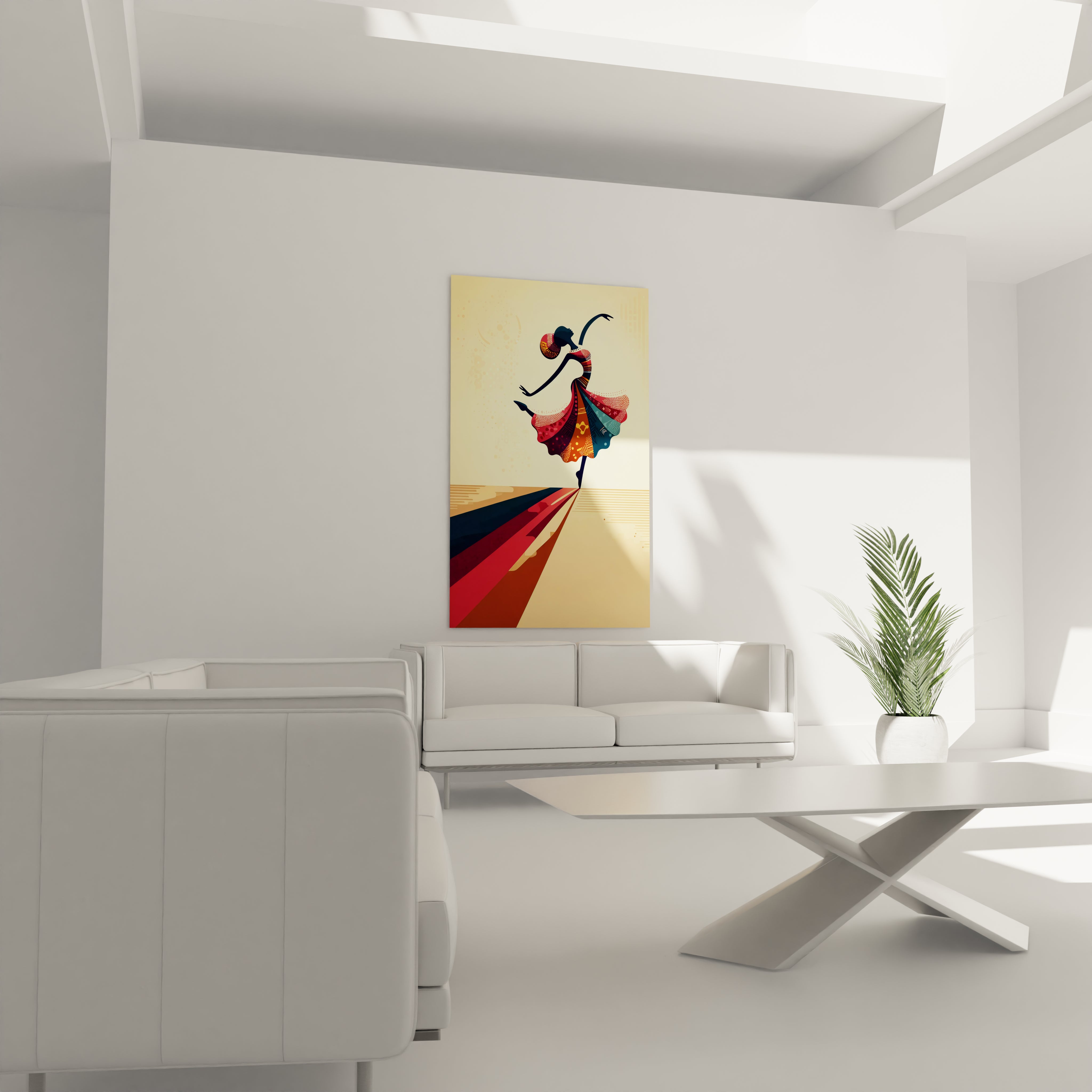 Tableau africain au-dessus du canapé, ses couleurs chaudes et sa silhouette stylisée ajoutent une touche de vitalité et de culture africaine au salon, rendant l’espace accueillant et inspirant.
