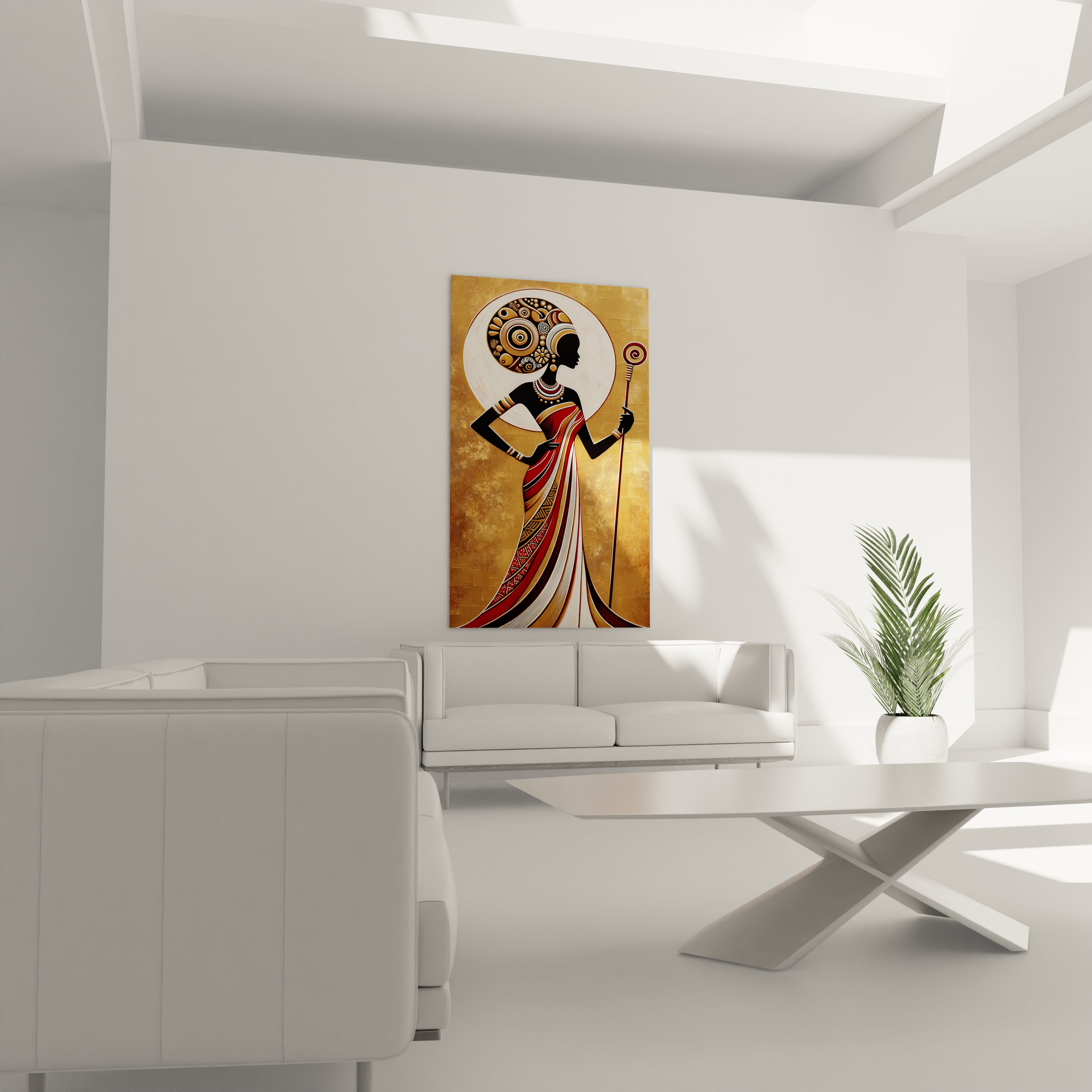 tableau africain au-dessus du canape salon chic figure feminine majestueuse avec coiffe royale motifs geometrie robe rouge et noire or aura lumineuse fond texturé effet chaleur et grandeur