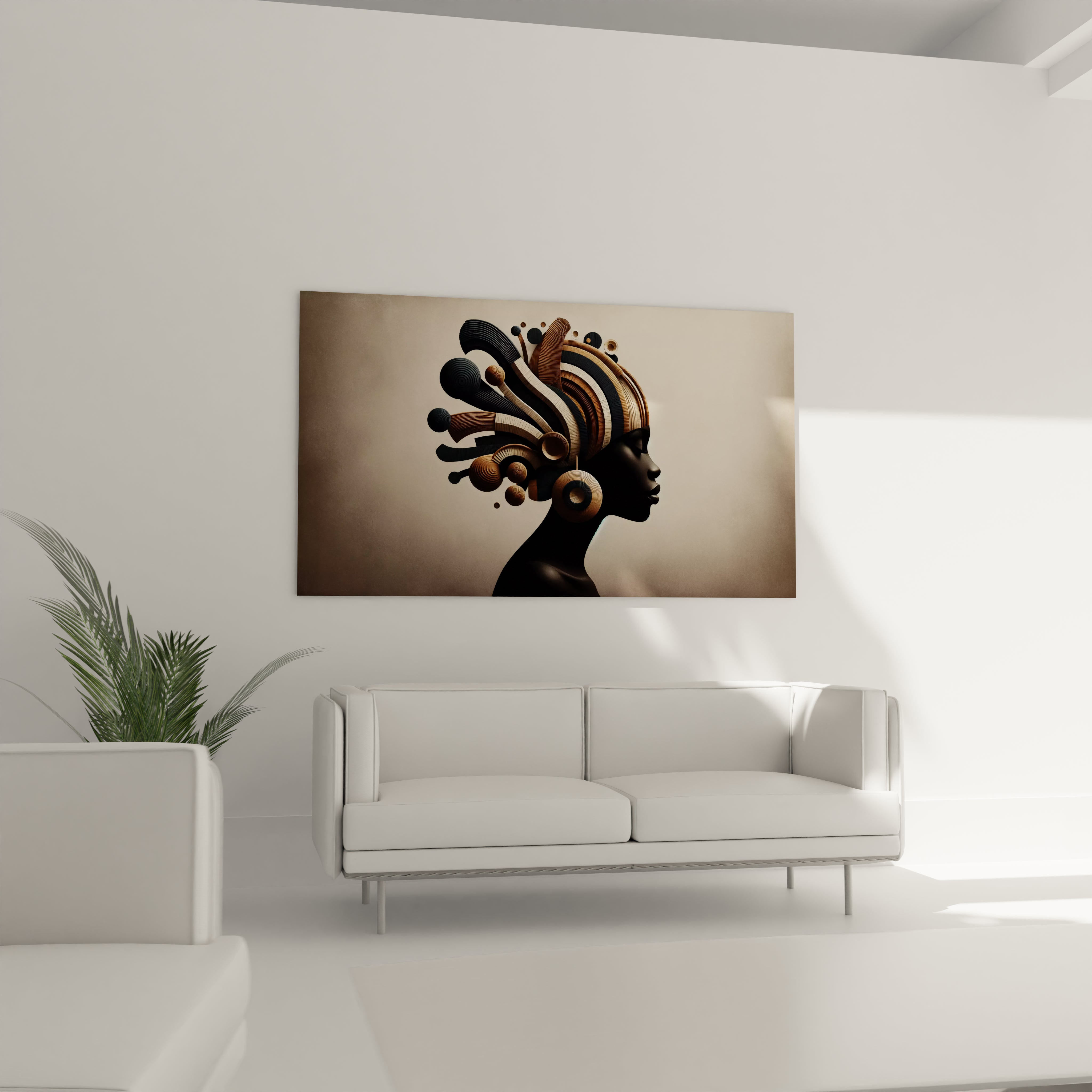 Tableau africain suspendu au-dessus du canapé dans un salon. La composition minimaliste de motifs géométriques et de teintes naturelles (marron, beige, noir) évoque la culture et la beauté africaine.