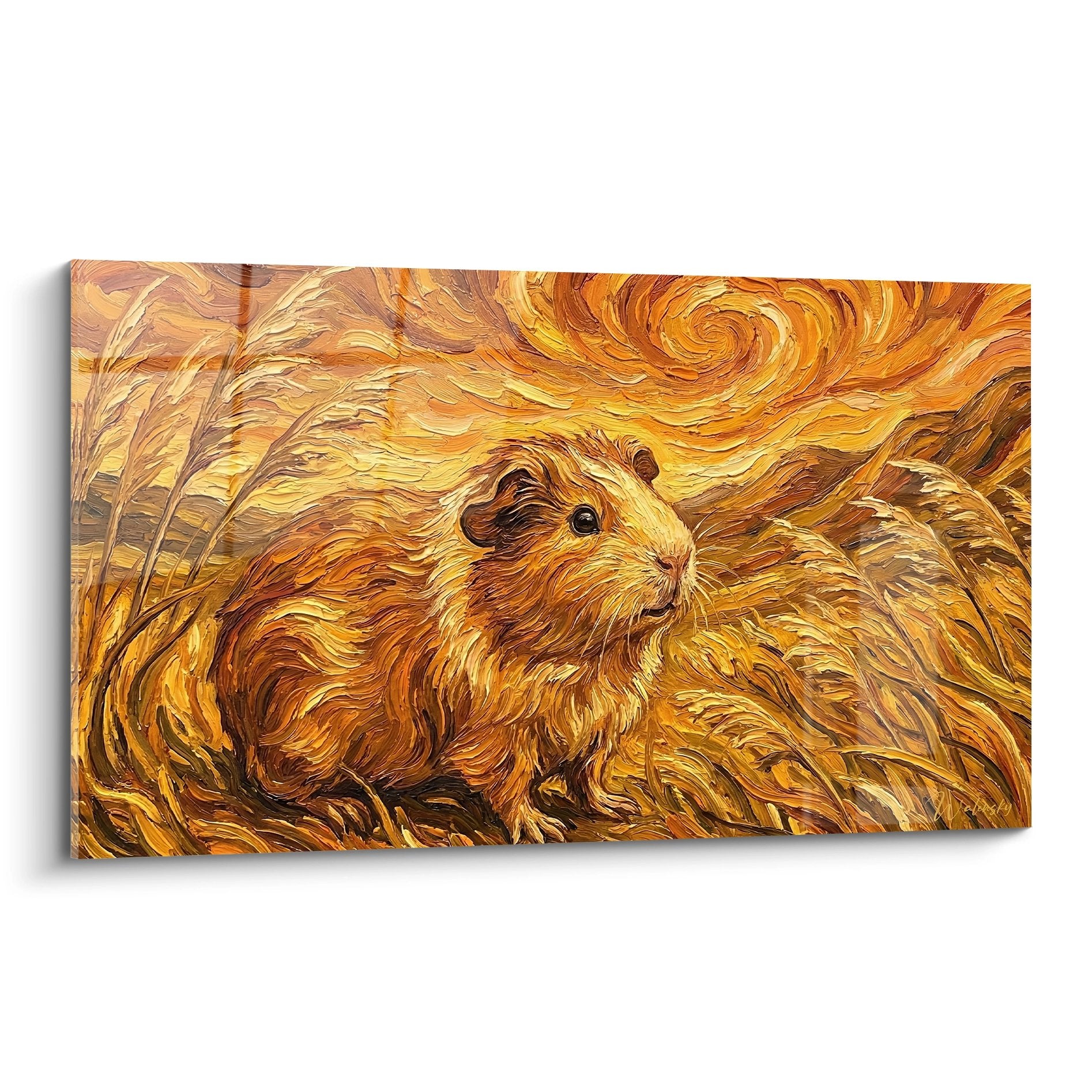 Expressionistisches Meerschweinchen Gemälde in Rostbraun mit goldenen orangefarbenen Wirbeln Van Gogh Stil Wandkunst