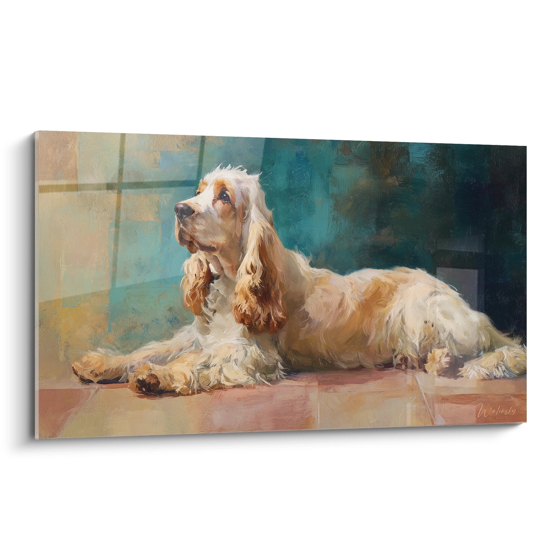 Tableau cocker americain blanc et roux allonge regardant vers le haut sur fond turquoise