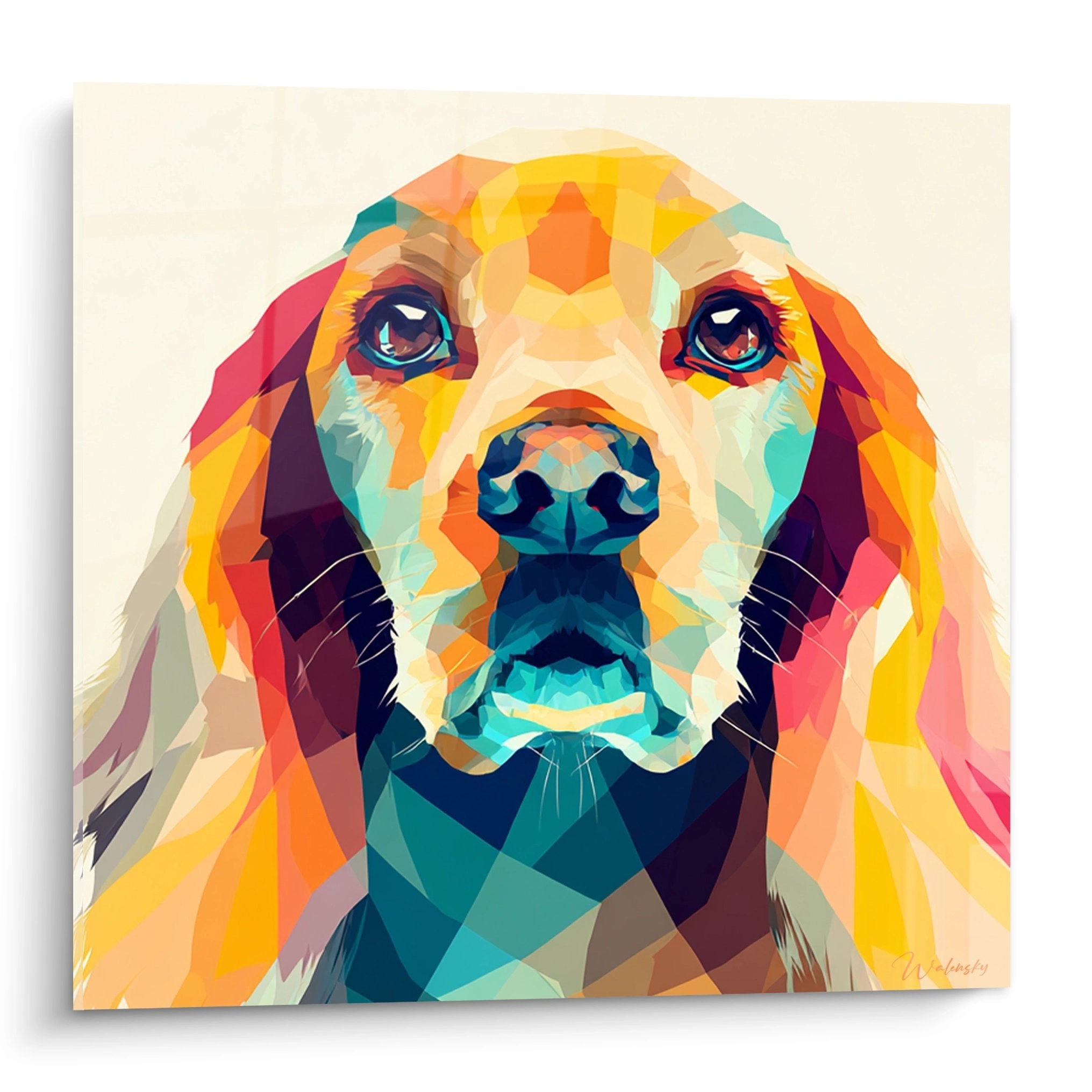 Porträt eines amerikanischen Cockerspaniels im polygonalen Stil mit Türkis-, Orange- und Gelbtönen auf cremefarbenem Hintergrund