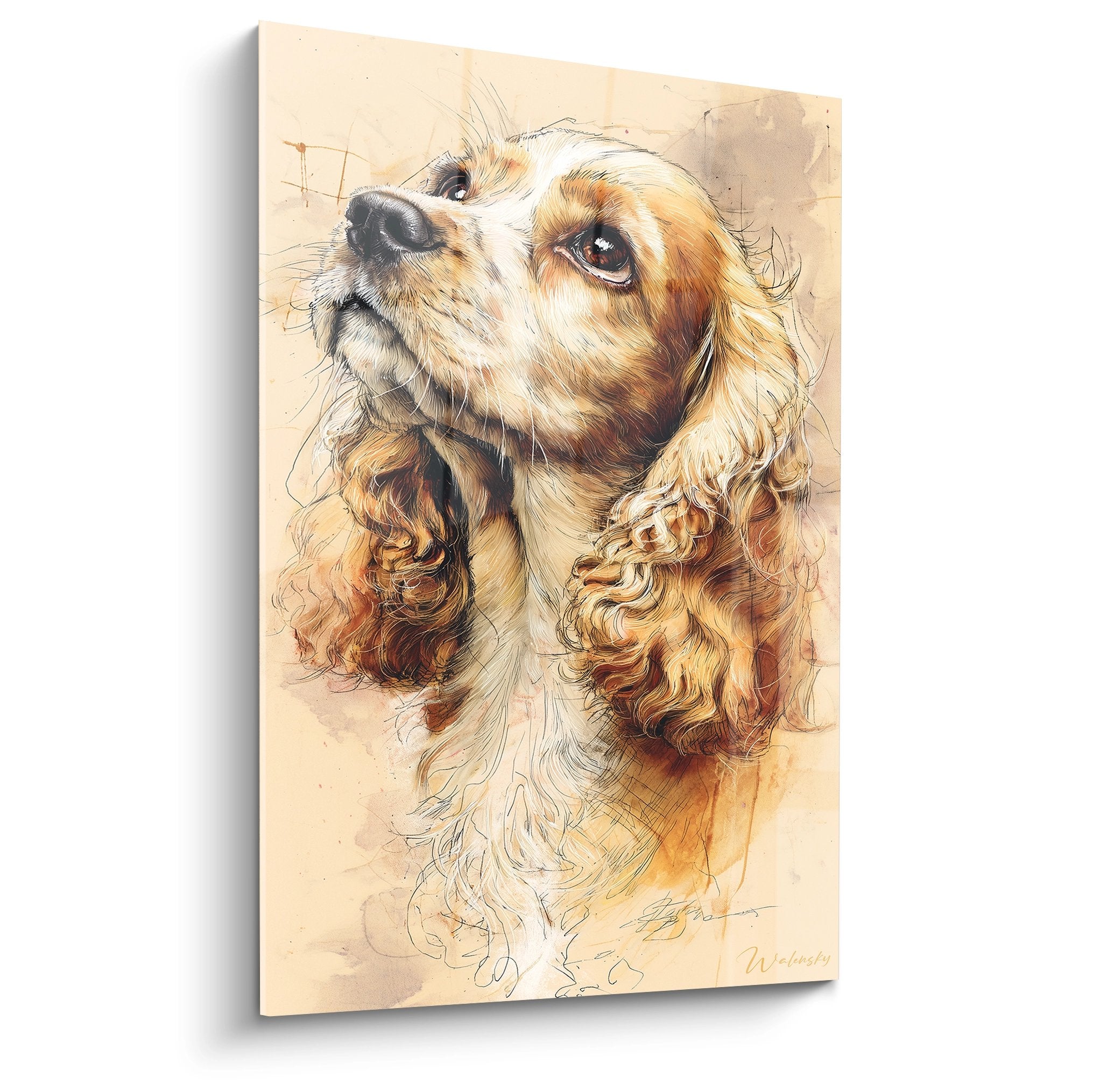 Portrait artistique de Cocker Américain aux tons dorés regardant vers le ciel avec tendresse