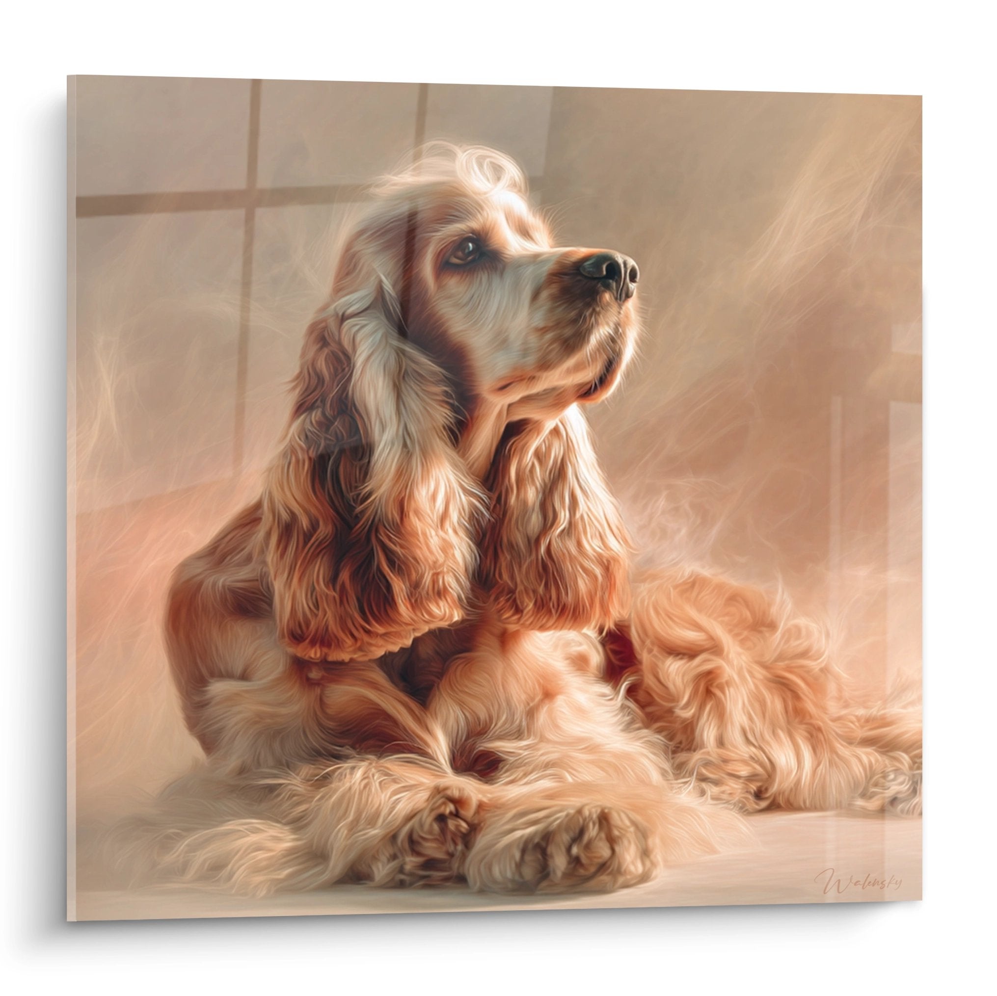 Tableau portrait Cocker Américain allongé aux tons cuivrés et dorés dans une pose contemplative