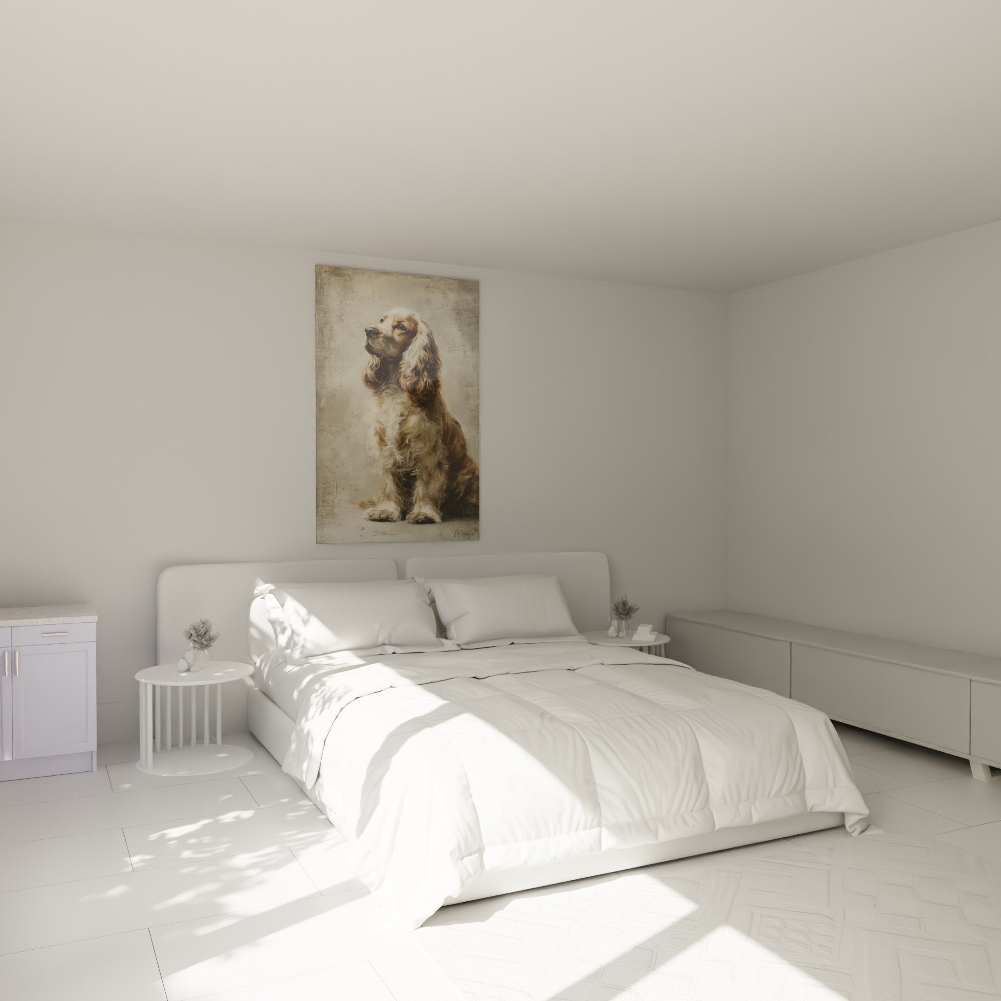 American Cocker Spaniel copper coat canvas hanging above bed bedroom wall decor warm beige tones