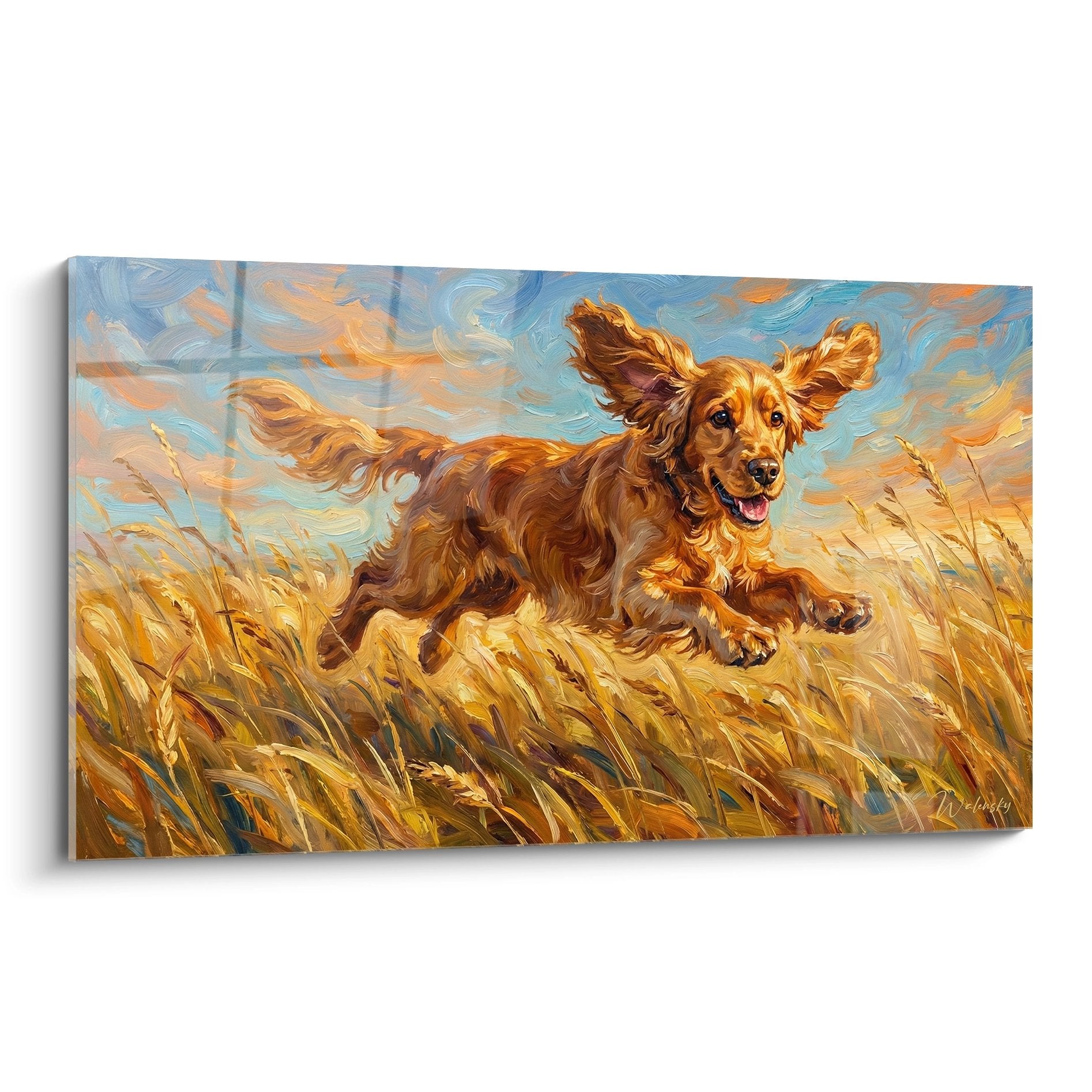 Cocker anglais roux bondissant joyeusement dans un champ de blé doré sous un ciel bleu orangé - peinture dynamique