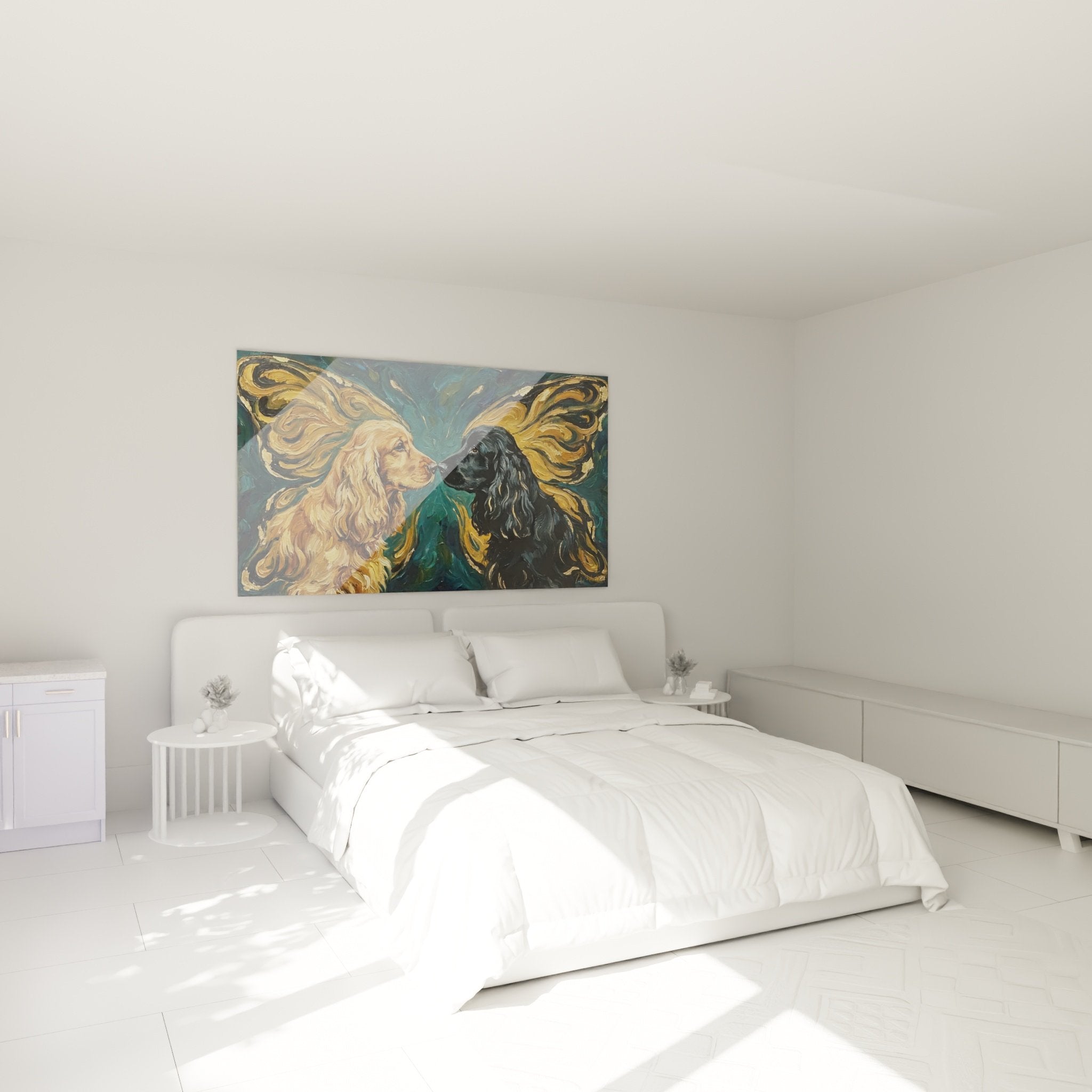 decoration murale cocker anglais chambre ambiance chaleureuse tableau turquoise dore