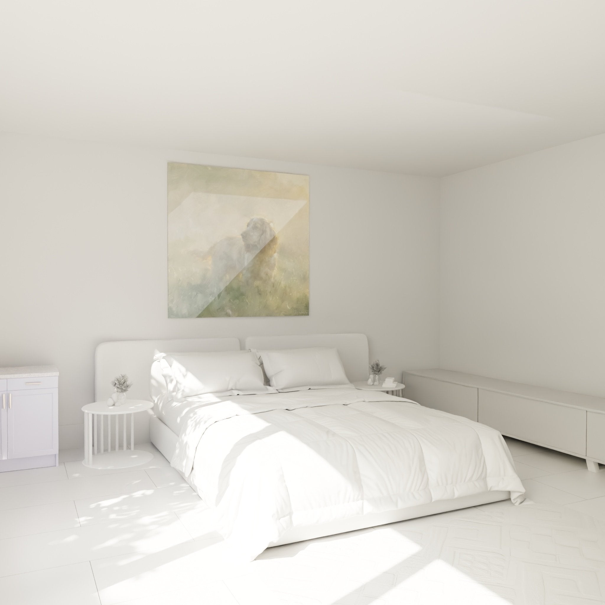 Tableau Cocker Anglais doré dans chambre décoration murale tons chauds ambiance cosy