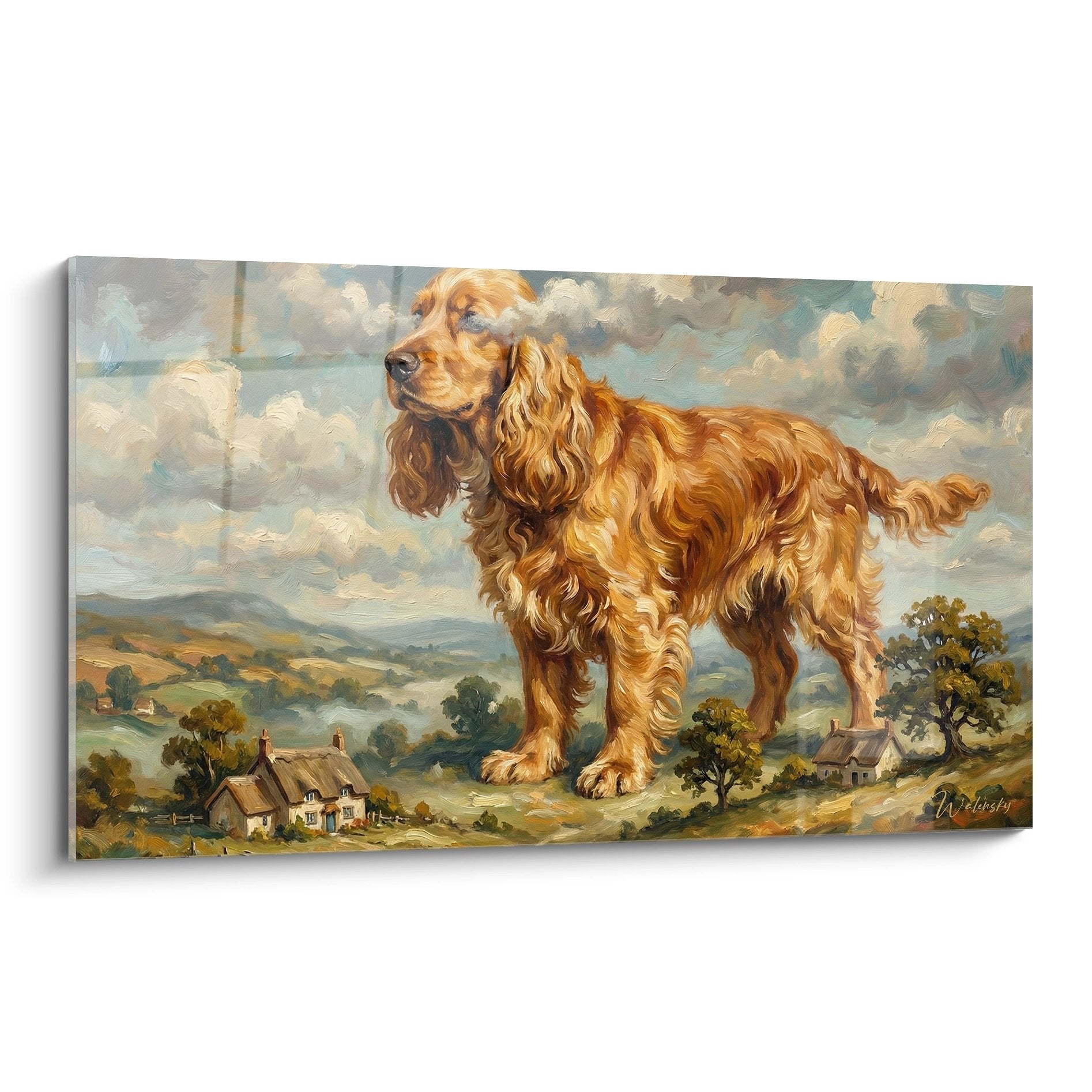 Tableau Cocker Anglais doré dans paysage campagne anglaise cottages collines style pictural